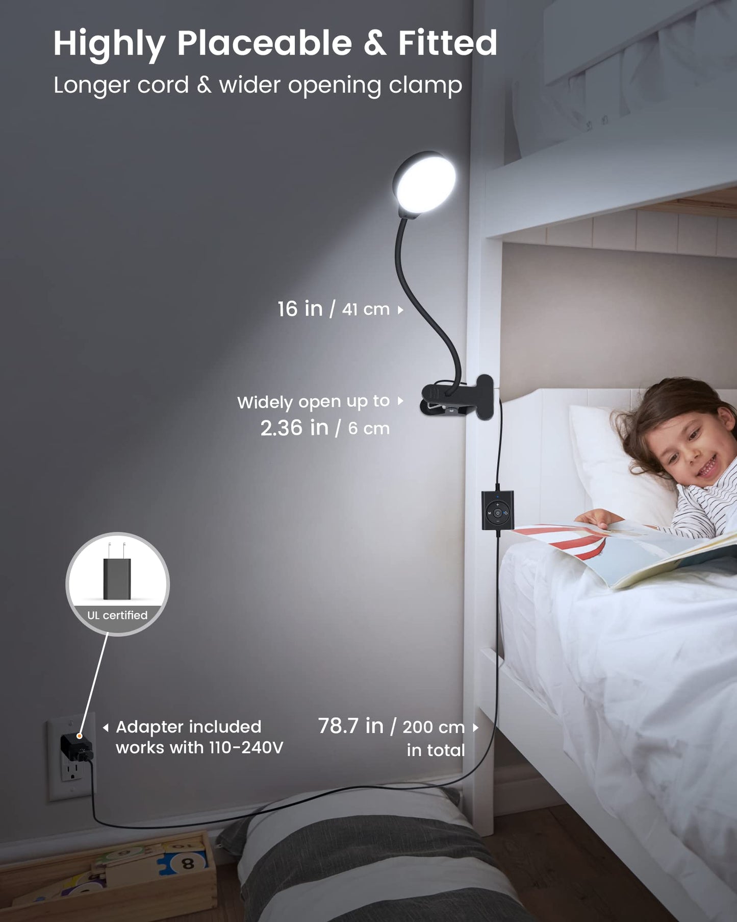 Glocusent 5W Clip on Light, 36 LED Eye Caring Reading Light for Bed, 3 Colors & 5 Brightness Clip on Lamp with Adapter, Perfect Desk Lamp with Clamp/Bunk Bed/Headboard/Table
