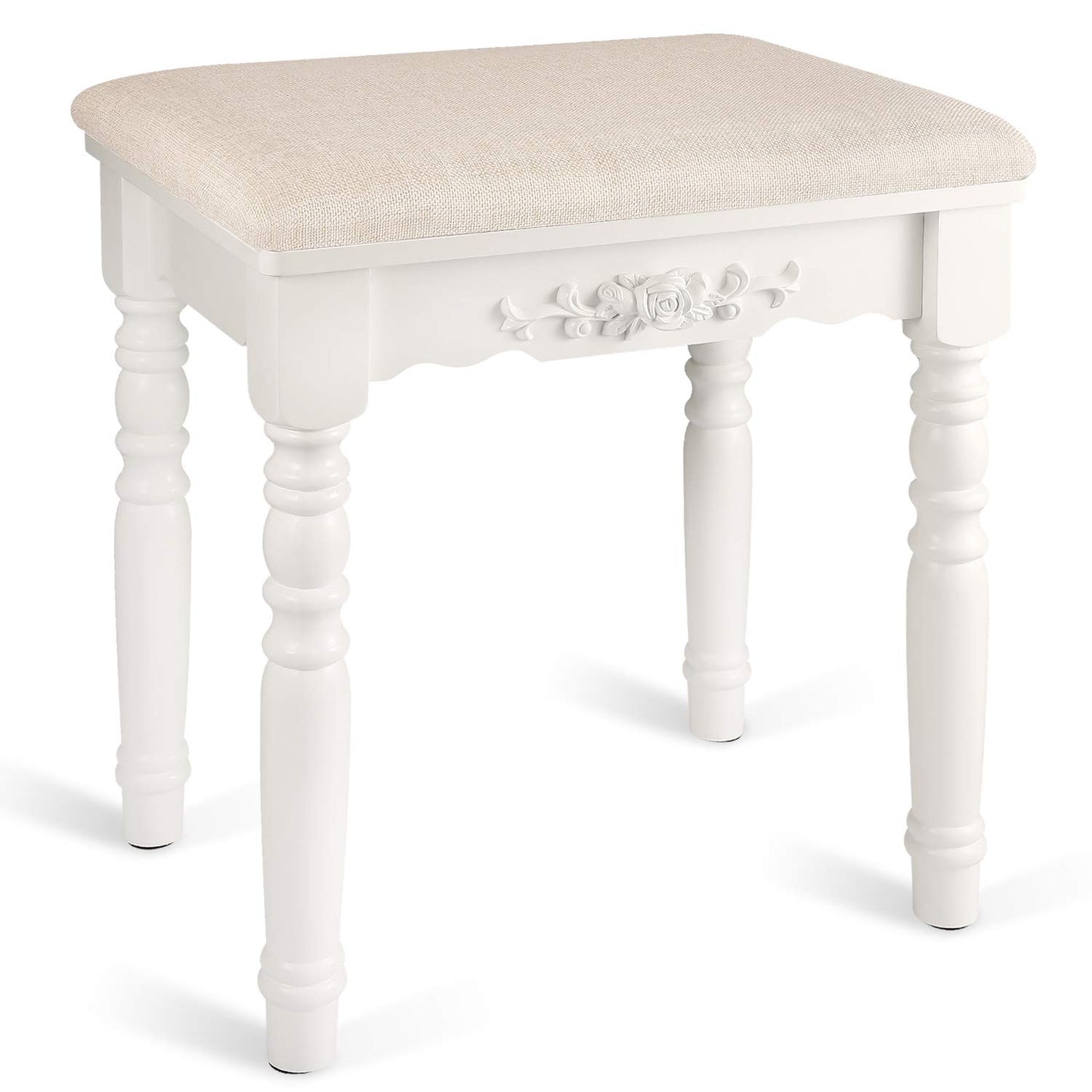 URFORESTIC Oak Wood Vanity Stool, Modern Makeup Dressing Stool with Concave Seat Surface,Capacity 300lb, Easy Assembly (White)