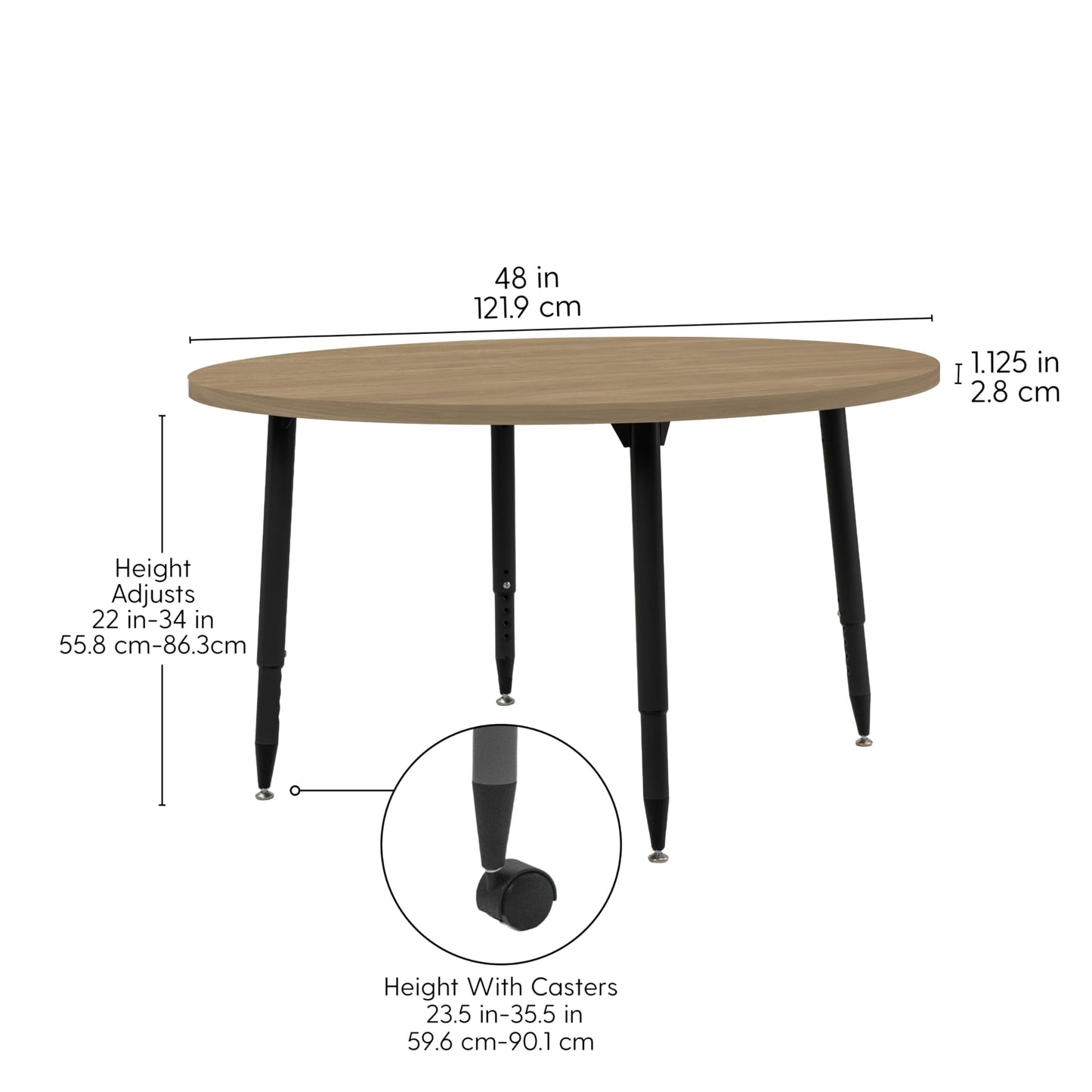 Adapte Commercial Classroom Activity Table - 48" Round Woodgrain, ADA Compliant Tapered Legs with Glides & Casters, Adjustable Height 22-34" Wheelchair Accessible, School & Office Furniture