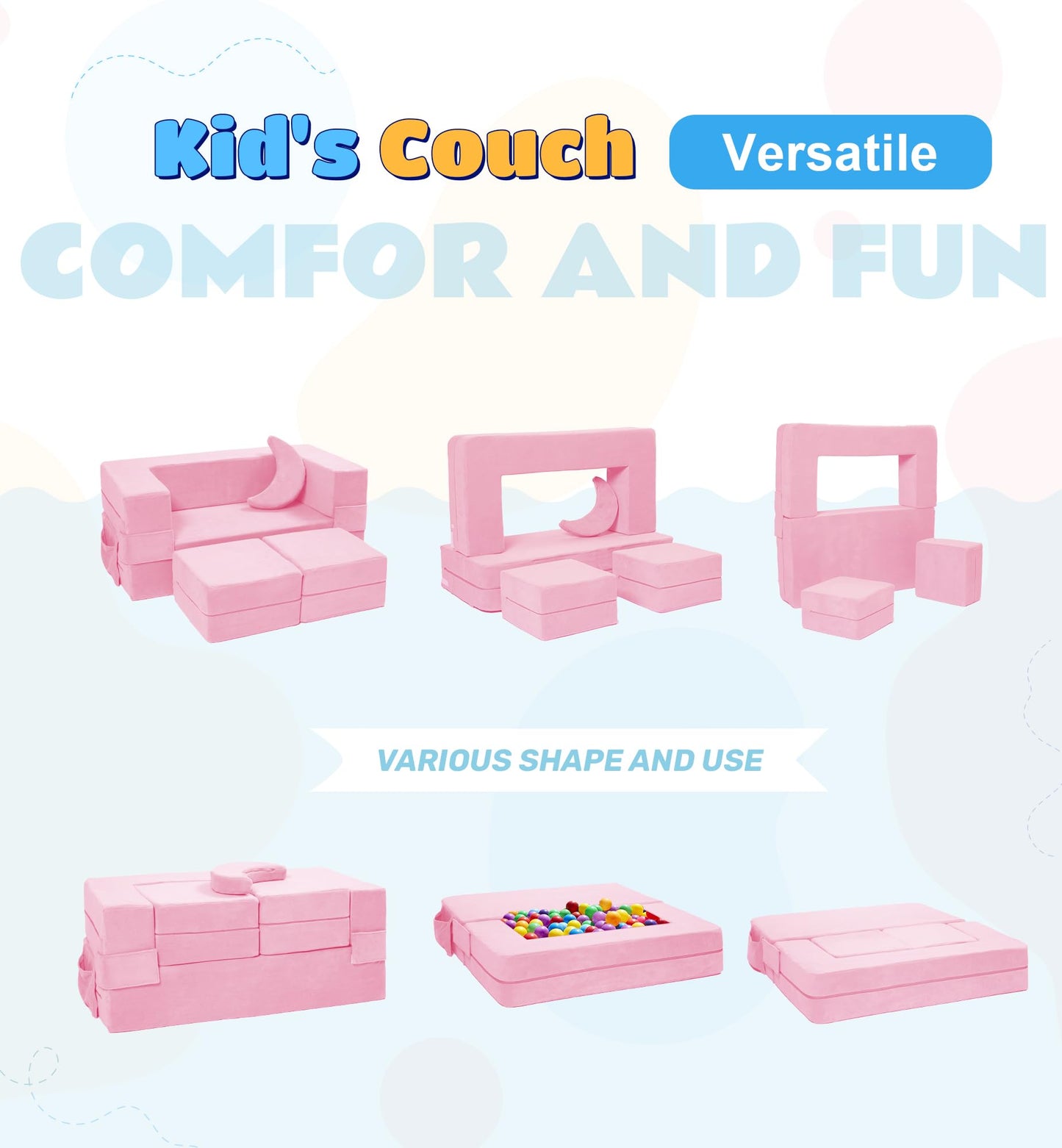 Elftopia Modular Kids Sofa,Toddler Couch Foam Armchair for Kids, Children Convertible Plush Sofa Play Set,Fold Out SofaBed(Pink)
