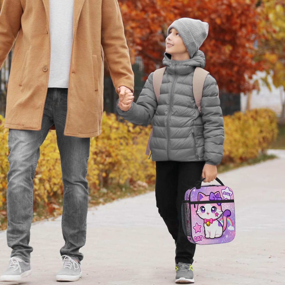 AUUXVA Cute Kids Insulated Lunch Bag - Girls Lunch Boxes for School Waterproof Lunchbox with Water Bottle Holder, Reusable Portable Lunch Tote for Office Beach Picnic(Cat)