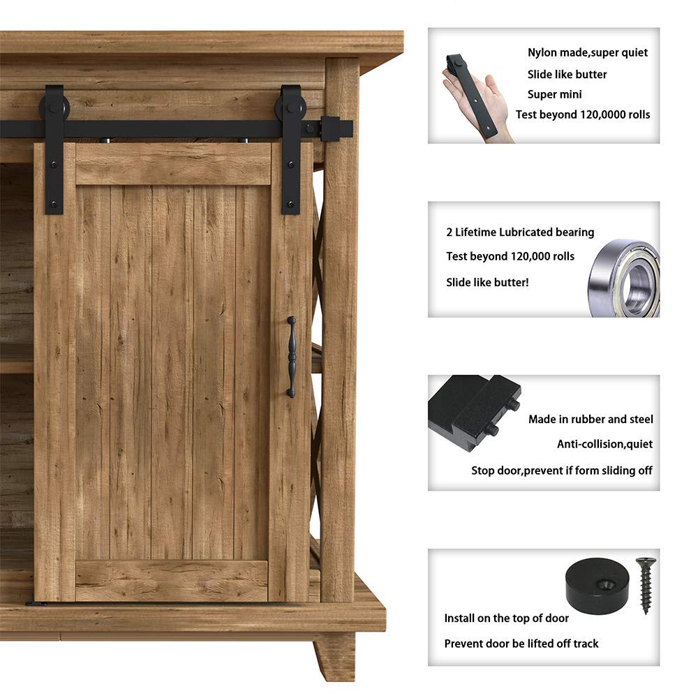 WINSOON 4FT Super Mini Sliding Barn Door Hardware Kit for Single Door Small TV Stands Wardrobe Cabinets, J Shape Hanger (NO Cabinet)