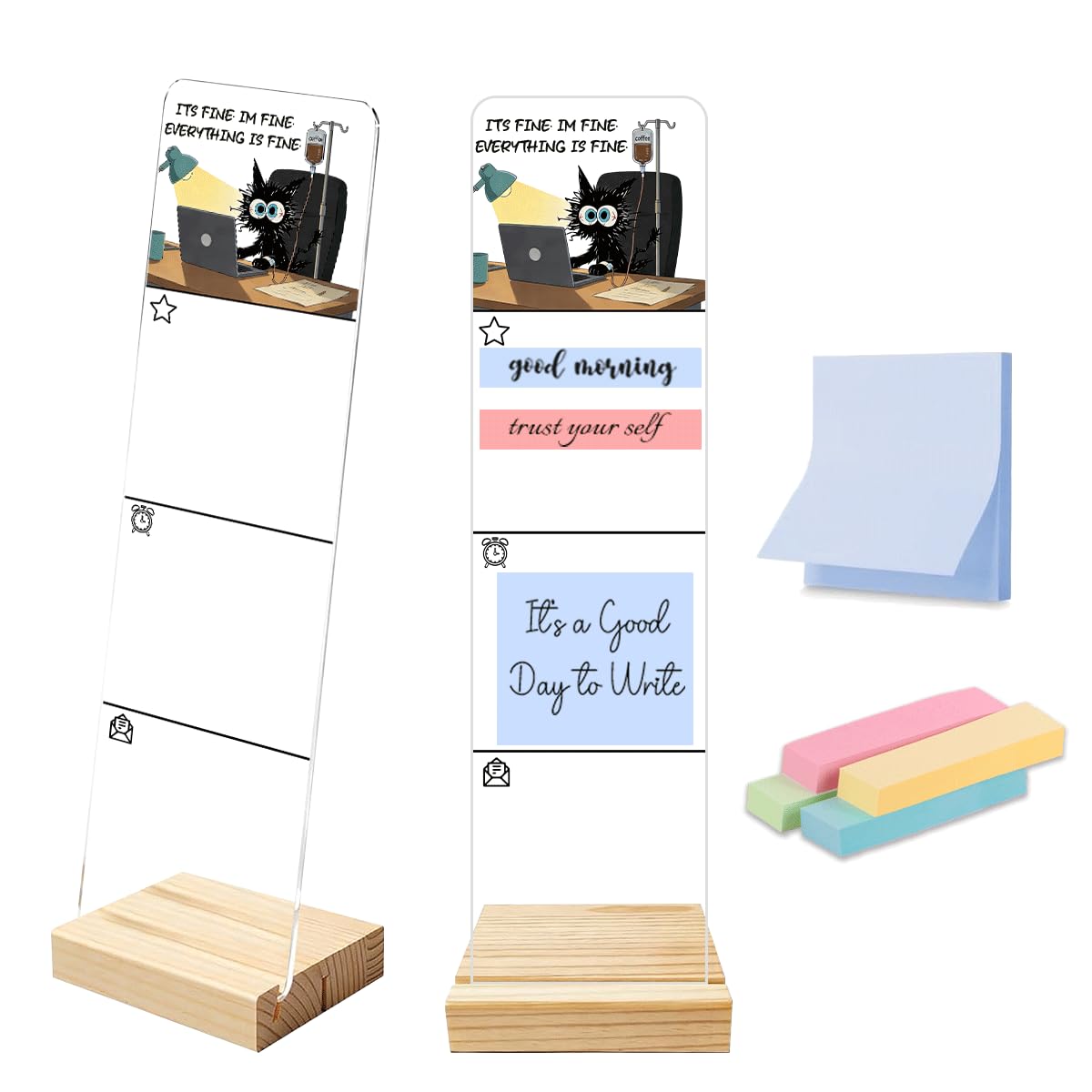 It's Fine I'm Fine Everything is Fine Cat Office Decor Sticky Note Holder, Funny Office Monitor Memo Board Decorations for Shelf Desk Accessories Black Cat Gifts