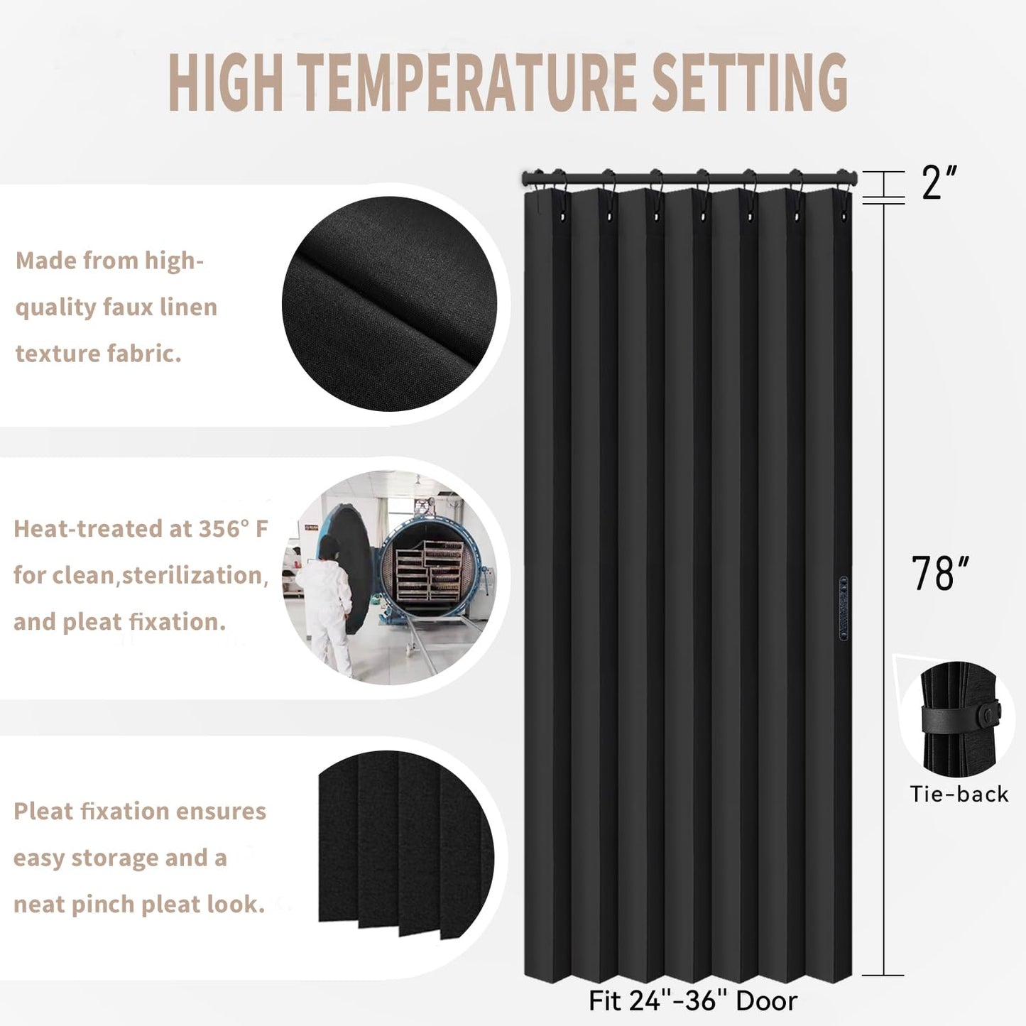 Vatge Closet Door Curtain Room Divider Drapes, Pleated Folding Style Curtains for Doorways Curtain for Bedroom Without Door,1 Panel with Tieback, W39 x L78, Black