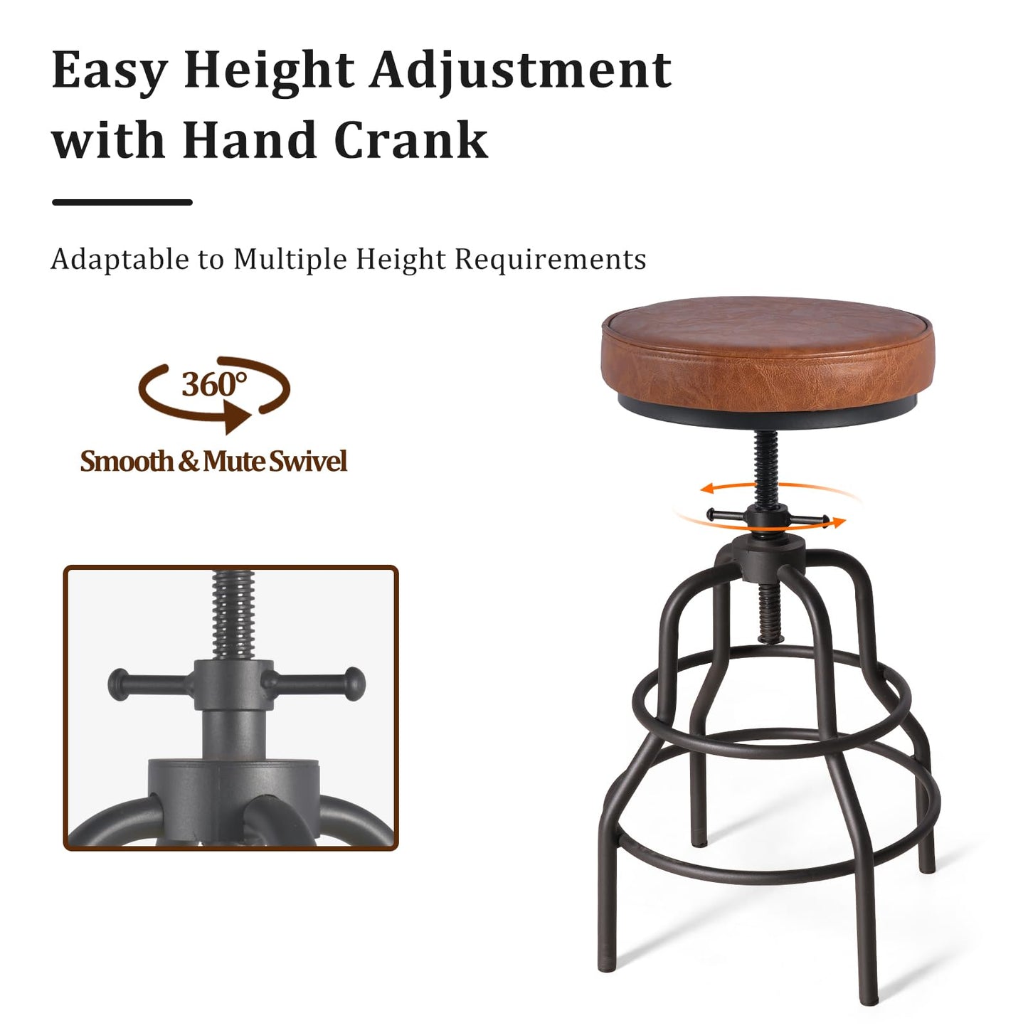 LOKKHAN Industrial Bar Stools-Swivel Leather Metal Bar Stool-20-27 Inch Tall Counter Height-Adjustable Kitchen Stool Dining Chair Cafe Stools (Set of 2)