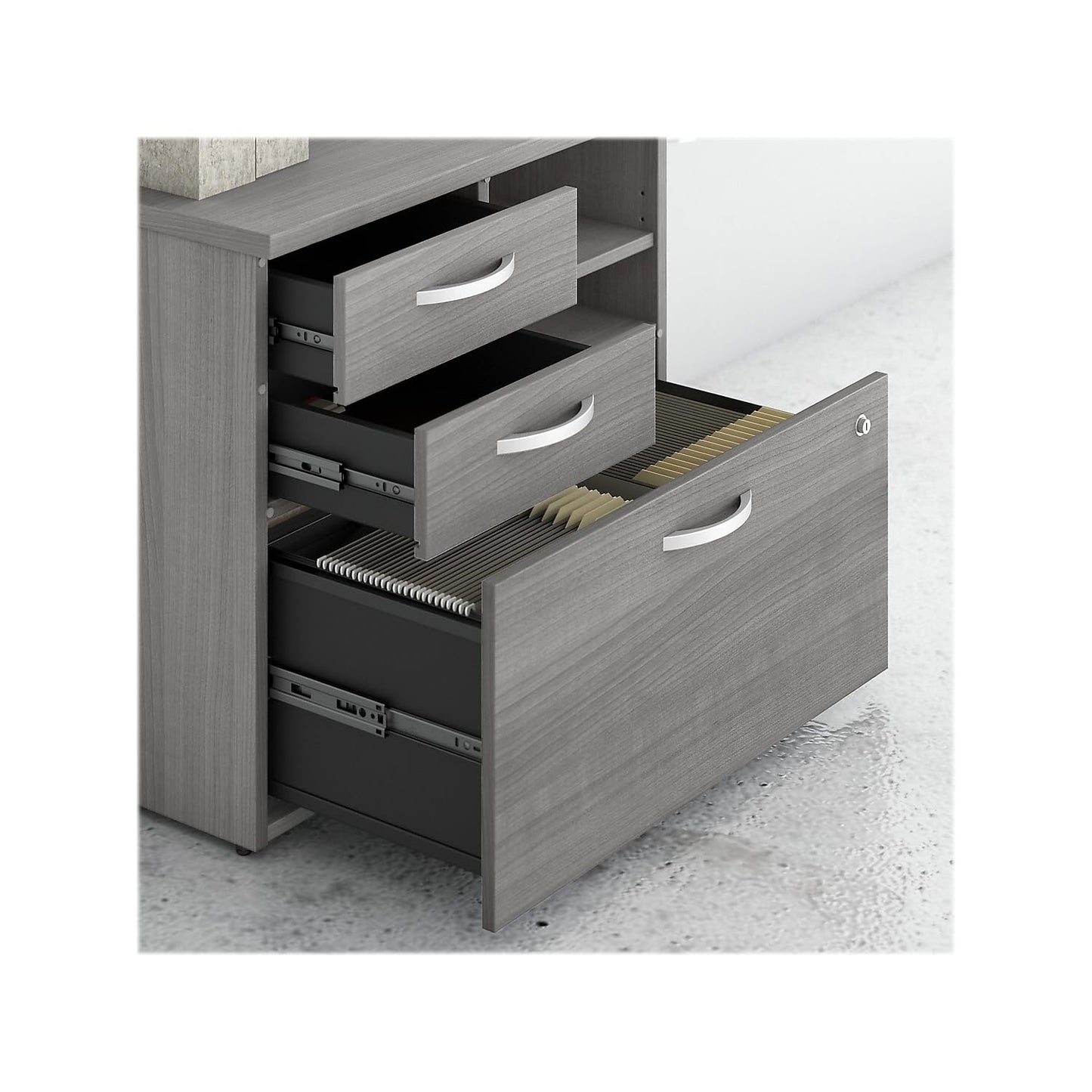 Bush Business Furniture Studio C Office Storage Cabinet with Drawers and Shelves in Platinum Gray