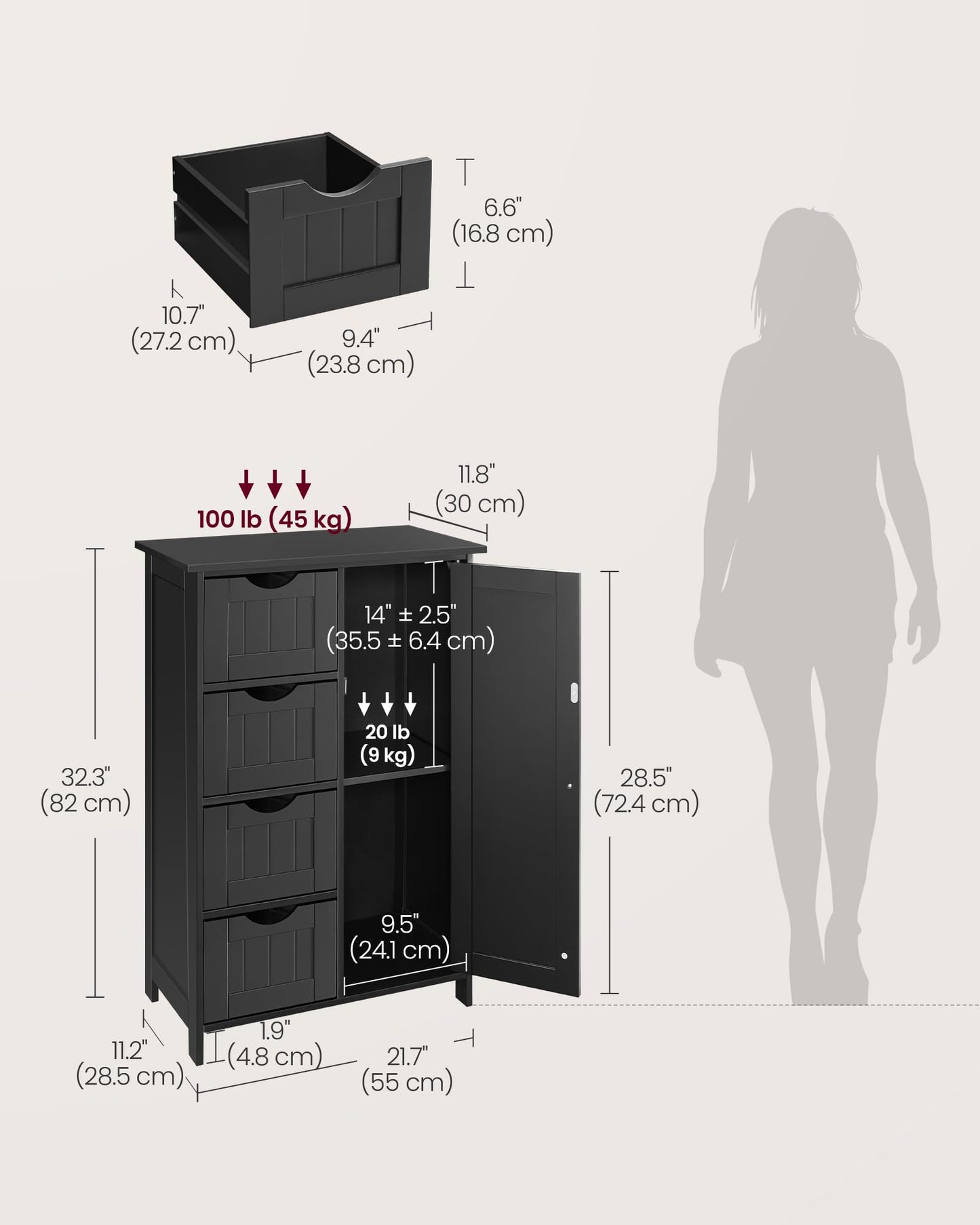 VASAGLE Storage Cabinet with Drawers, Freestanding Floor Cabinet with Door, 11.8 x 21.7 x 32.3 Inches, Adjustable Shelf, for Bathroom, Living Room, Kitchen, Ink Black ULHC041BH01S