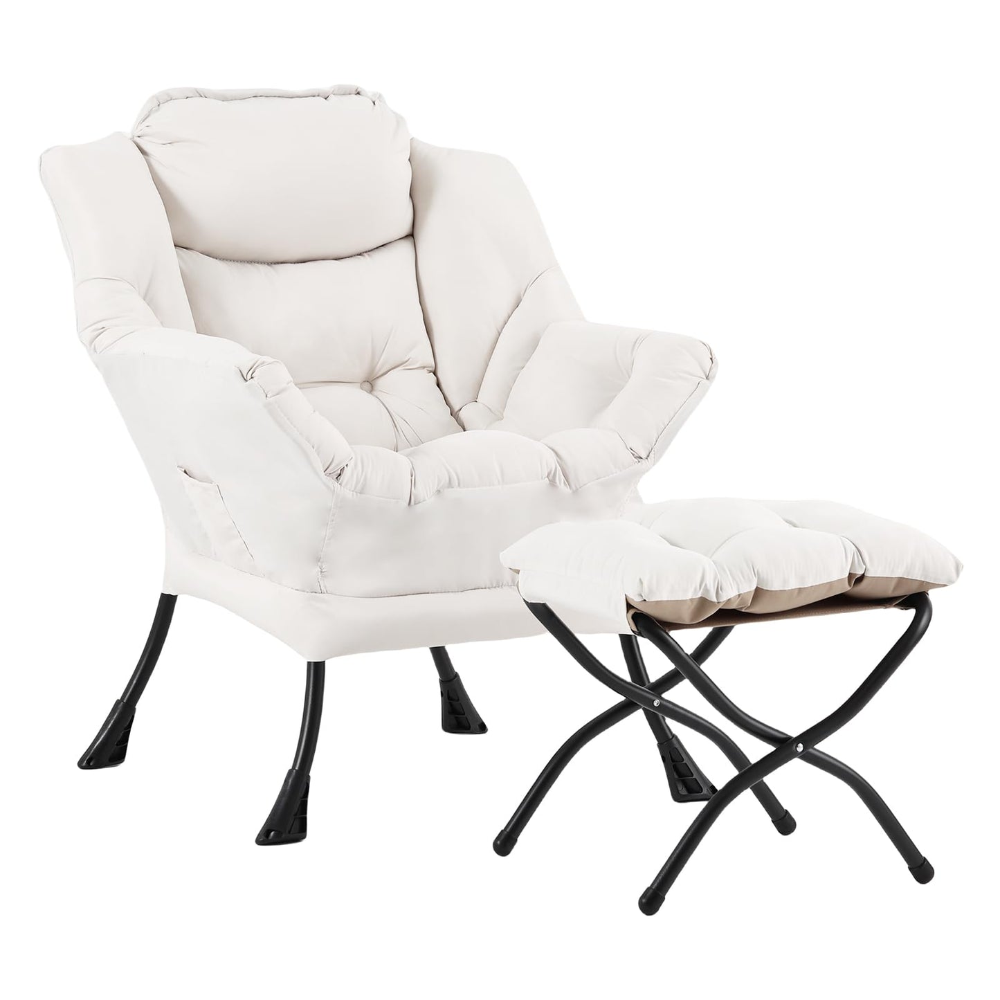 LITA Lazy Chair with Ottoman, Modern Accent Leisure Upholstered Sofa, Contemporary Lounge Reading Chair with Armrests and a Side Pocket for Living Room, Bedroom & Small Space, Beige