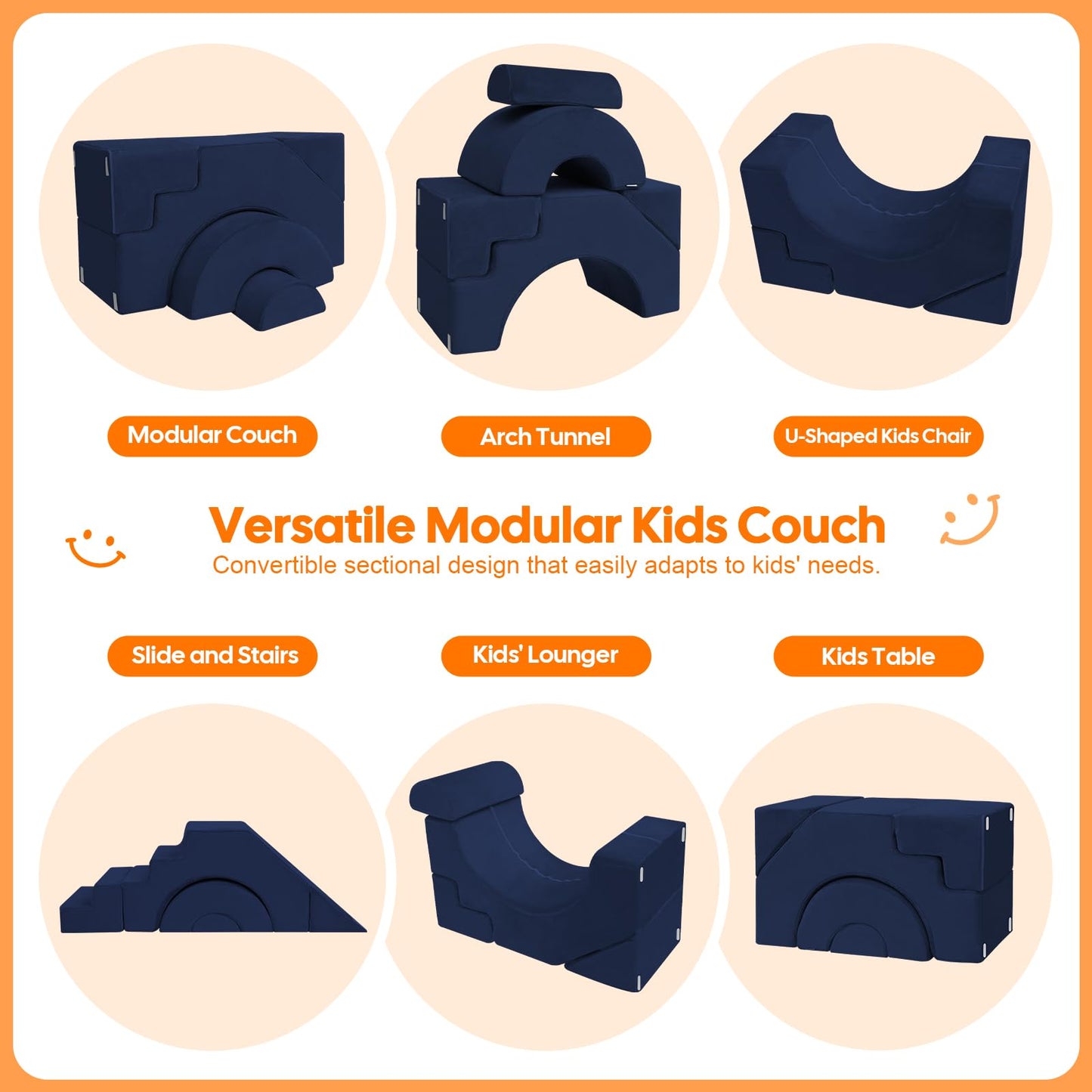 MeMoreCool Modular Kids Sofa, Foam Couch Sofa with Slide & Stair Design, Convertible Kids Couch for Playroom, Sectional Child Furniture for Bedroom Living Room, Navy