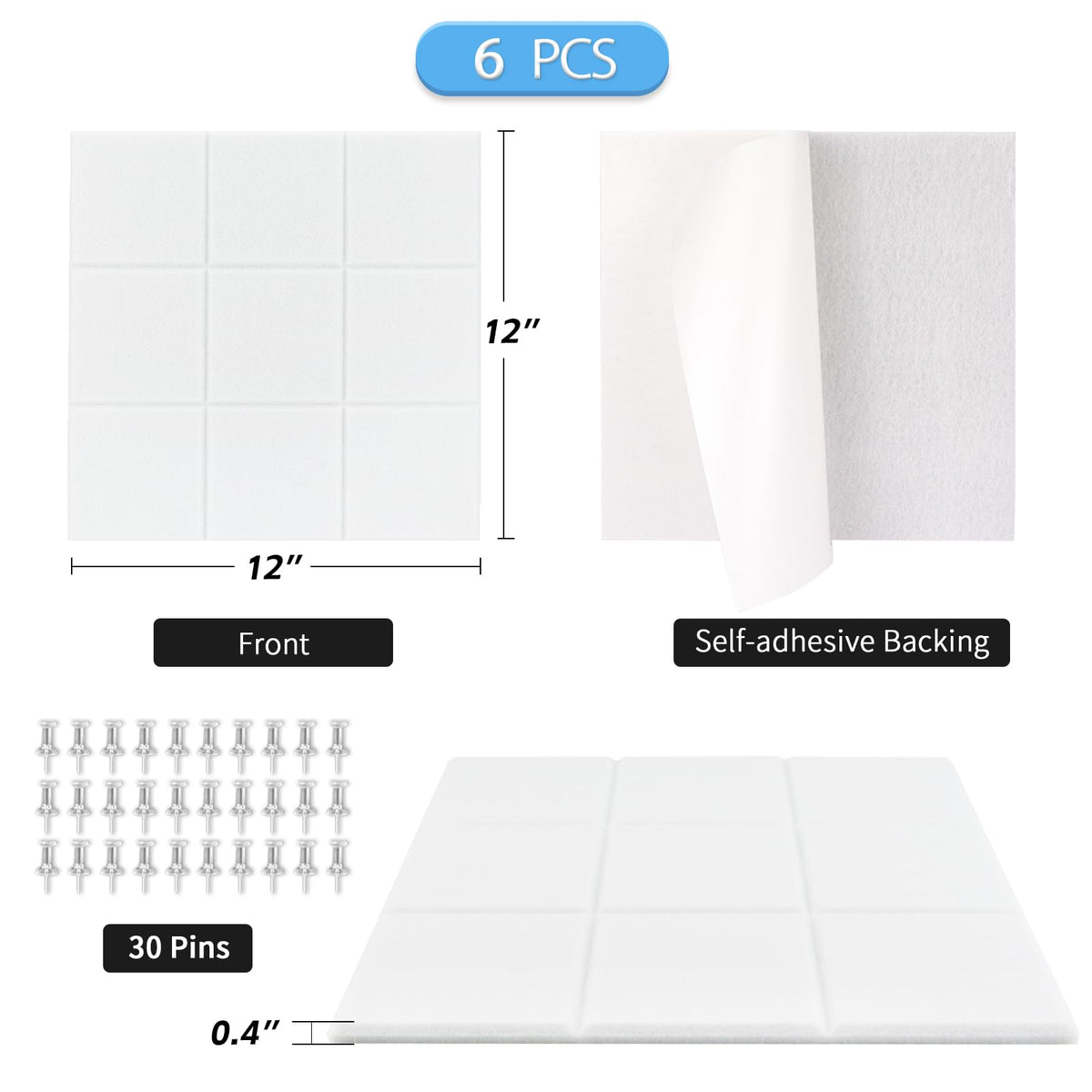 BXI Felt Bulletin Board - 12 X 12 X 3/8 Inches 6 Pcs Self-Adhesive Poster Cork Board with 30 Push Pins, Thick Pin Tiles Display Vision Board, Photo Picture Panels for Home Office Classroom Walls