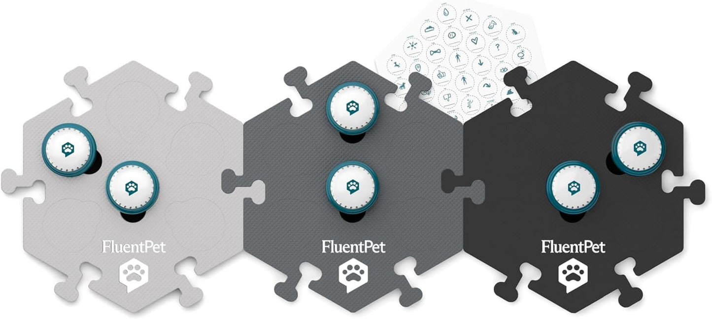 FluentPet Speak Up! Get Started Kit with Clearer Upward-Facing Sound - 6 Recordable Buttons for Dogs & 3 Grey HexTiles | Dog & Cat Communication Buttons Set | with Batteries