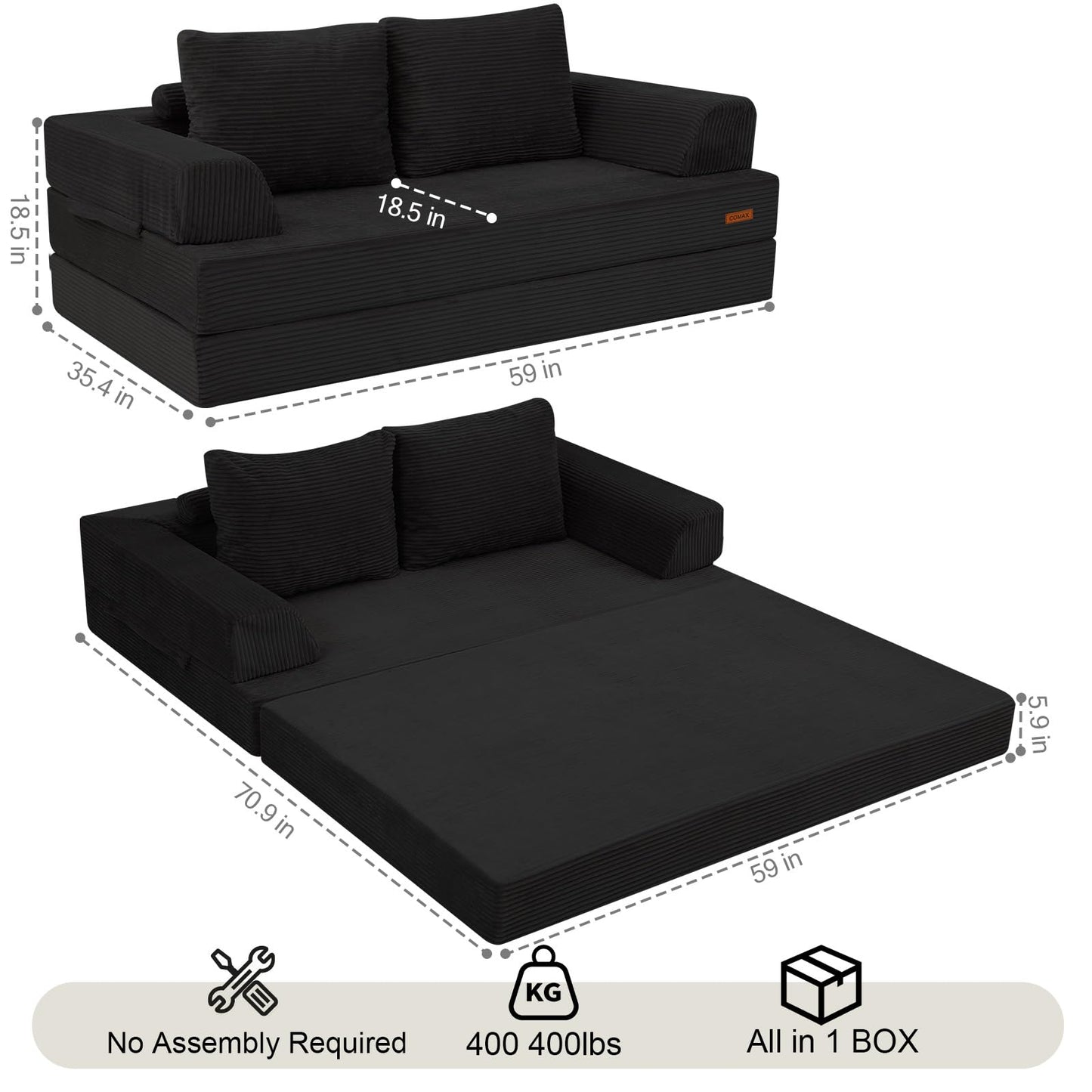 COMAX Futon Sofa Bed, Convertible Folding Sofa Bed, Boneless Couch Loveseat Corduroy with Pillows, Small Foldable Floor Couch Comfy Lounge Sleeper for Living Room Bedroom, Black