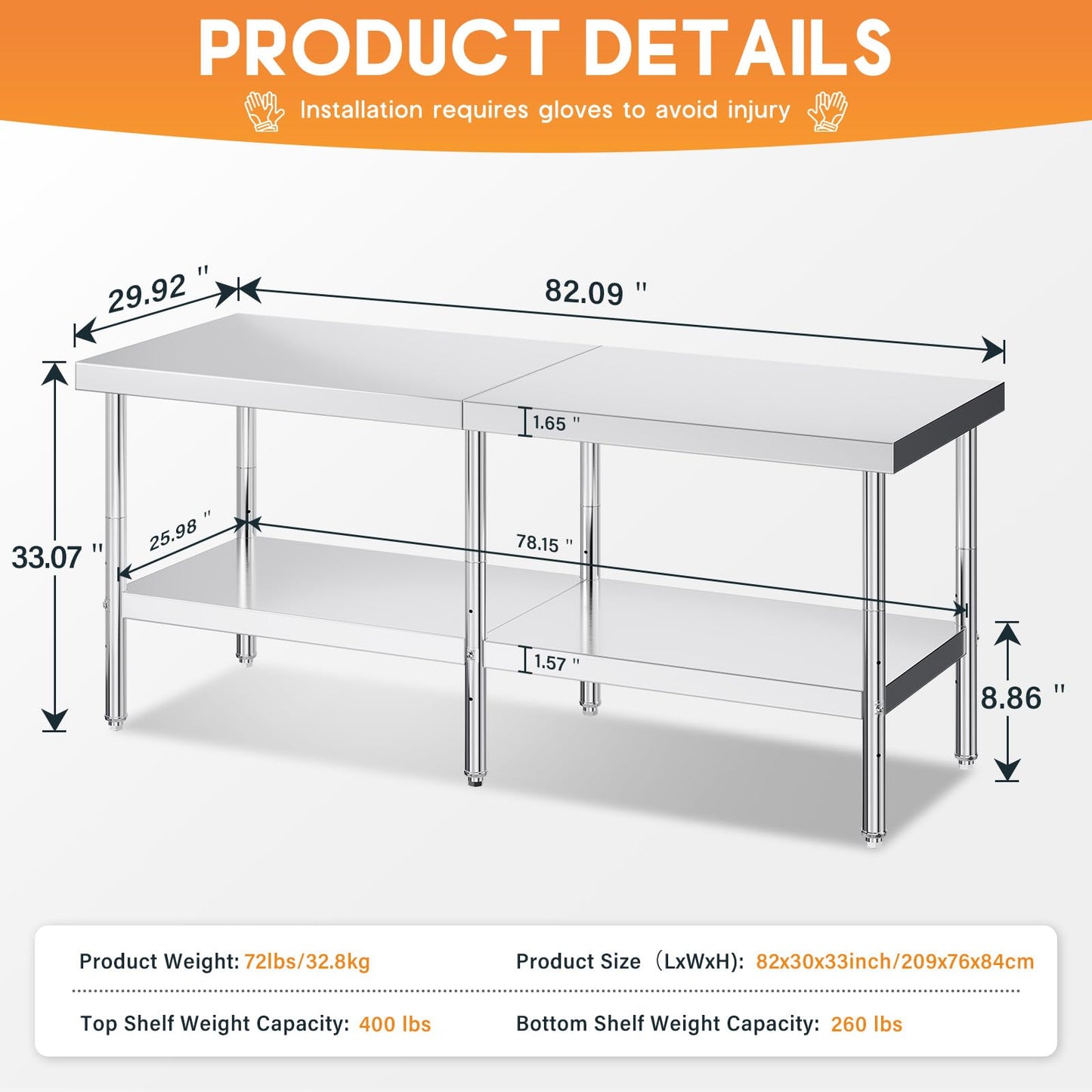 30" x 82" Commercial Stainless Steel Prep Table with Adjustable Under Shelf & Feet - Ideal for Kitchen, Restaurant, Hotel, Garage Workstation