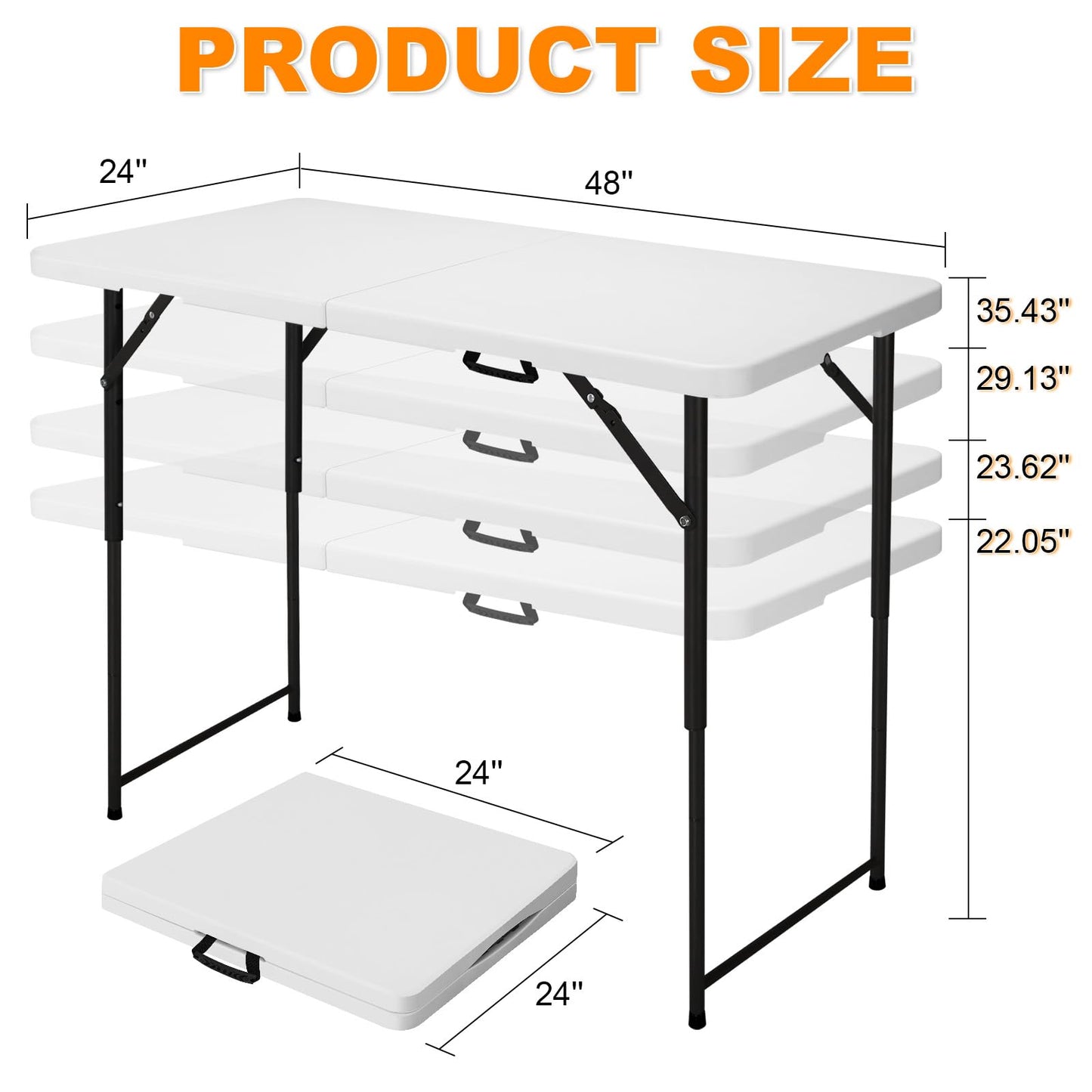 FROASISPRO 4ft Folding Table, Portable Fold-in-Half Adjustable Height Utility Table for Indoor/Outdoor Use, Durable HDPE & Steel, Stable & Lightweight, Multi-Purpose, White