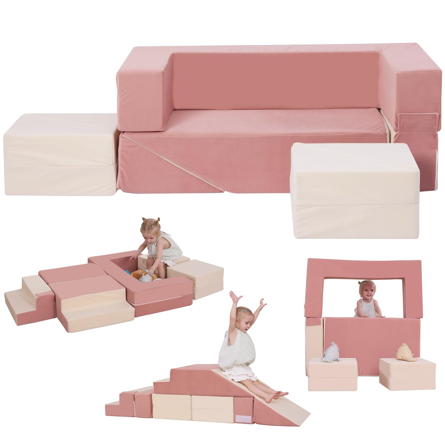 HAHASOLE Kids Couch, Modular Toddler Couch for Playroom, Kids Sofa with Ottomans, Foam Play Blocks with Stair and Ramp, Convertible Plush Sofa, Removable Cover