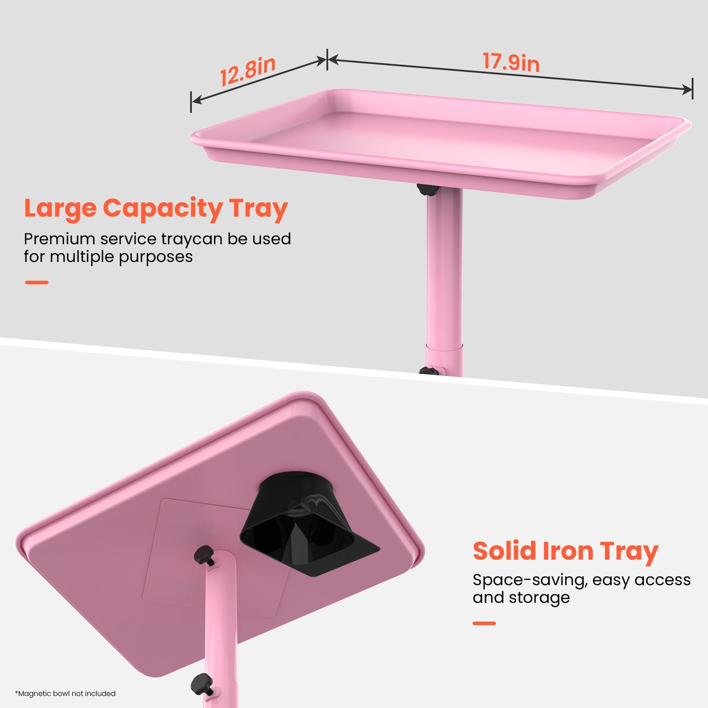 TASALON Premium Salon Tray on Wheels, Aluminum Salon Rolling Tray Trolley for Salon Essentials, Adjustable Height Provides Ample Storage for Hairstylist, Tattoo and Clinic Use - Pink