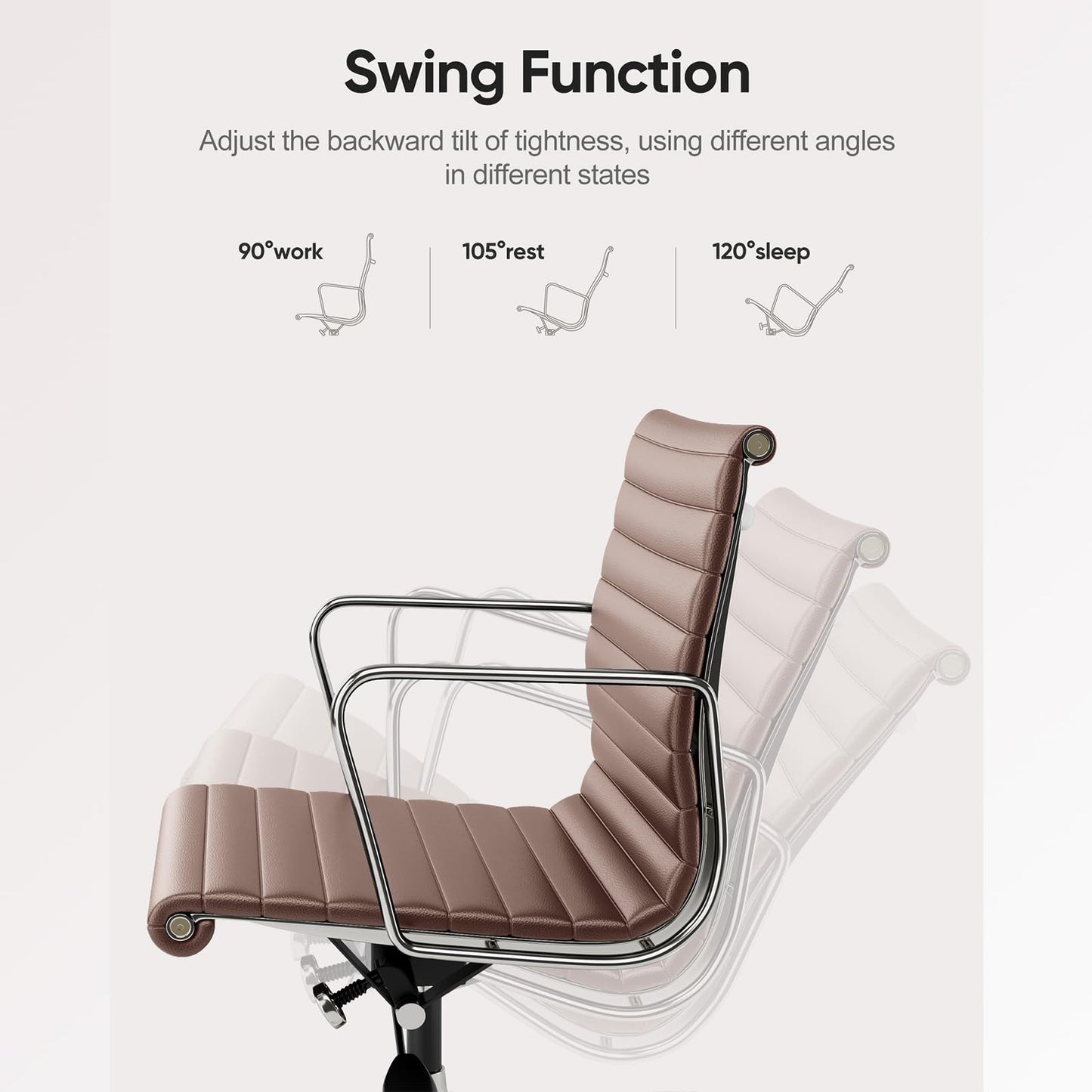 OTDMEL Ribbed Office Chair with Top Grain Leather - Mid Back Ergonomic Desk Chair with Aluminum Arm Rest and 5-Star Base, Swivel Chair Brown