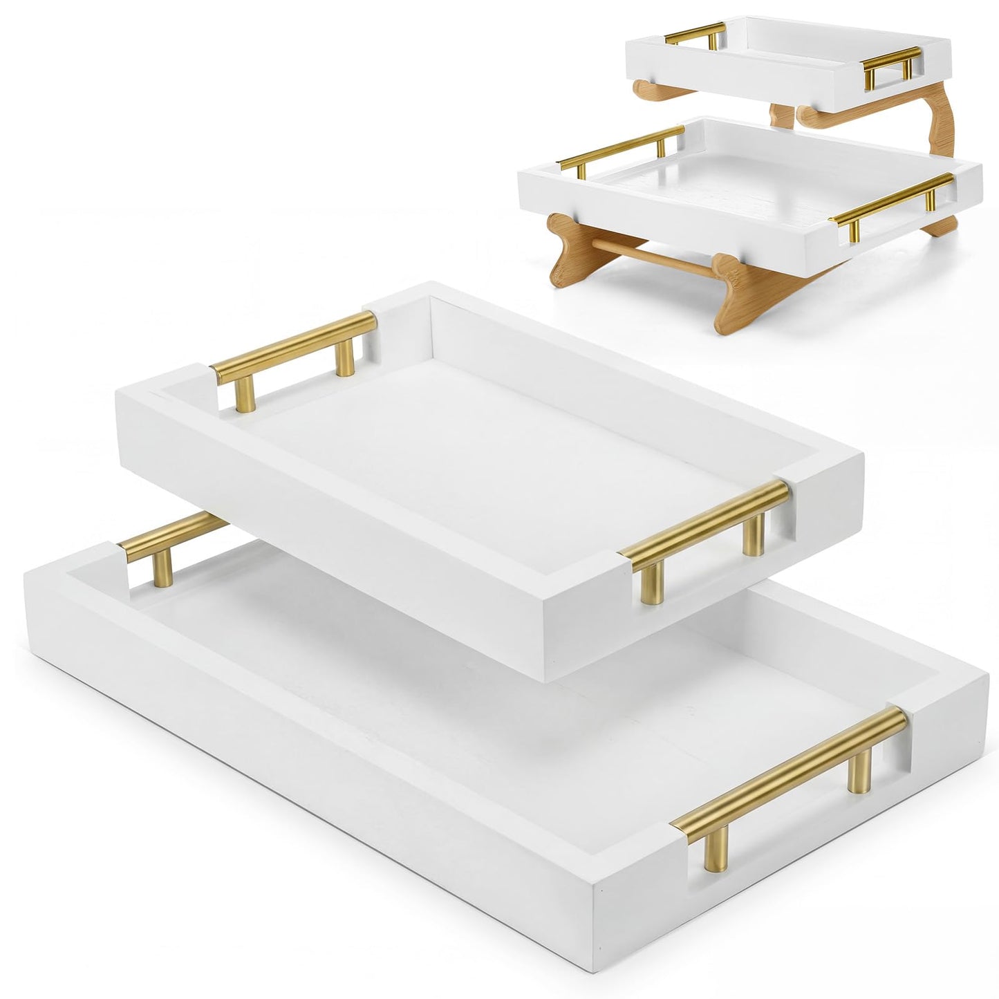 Leinuosen 2 Tier Serving Trays for Party Coffee Table Tray 12"x16" & 8"x12" Large Wooden Ottoman Tray with Gold Handles and Bamboo Stand for Storage Display(White)