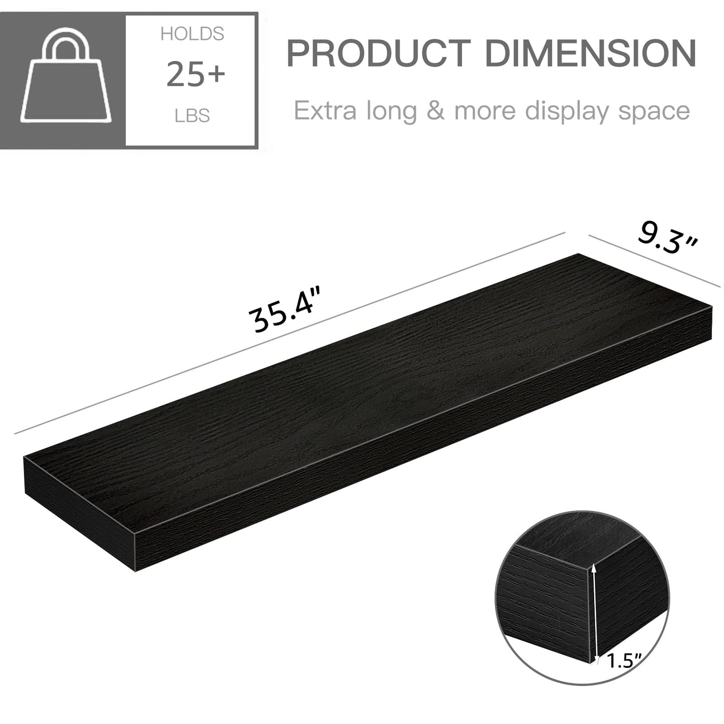 QEEIG Floating Shelves for Wall 35.4" Long - Wall Mounted Shelf Bathroom Kitchen Living Room Bedroom Farmhouse Home Decor Display Bookshelf Large 35.4 x 9.3 inch Set of 2, Black (008-90B)