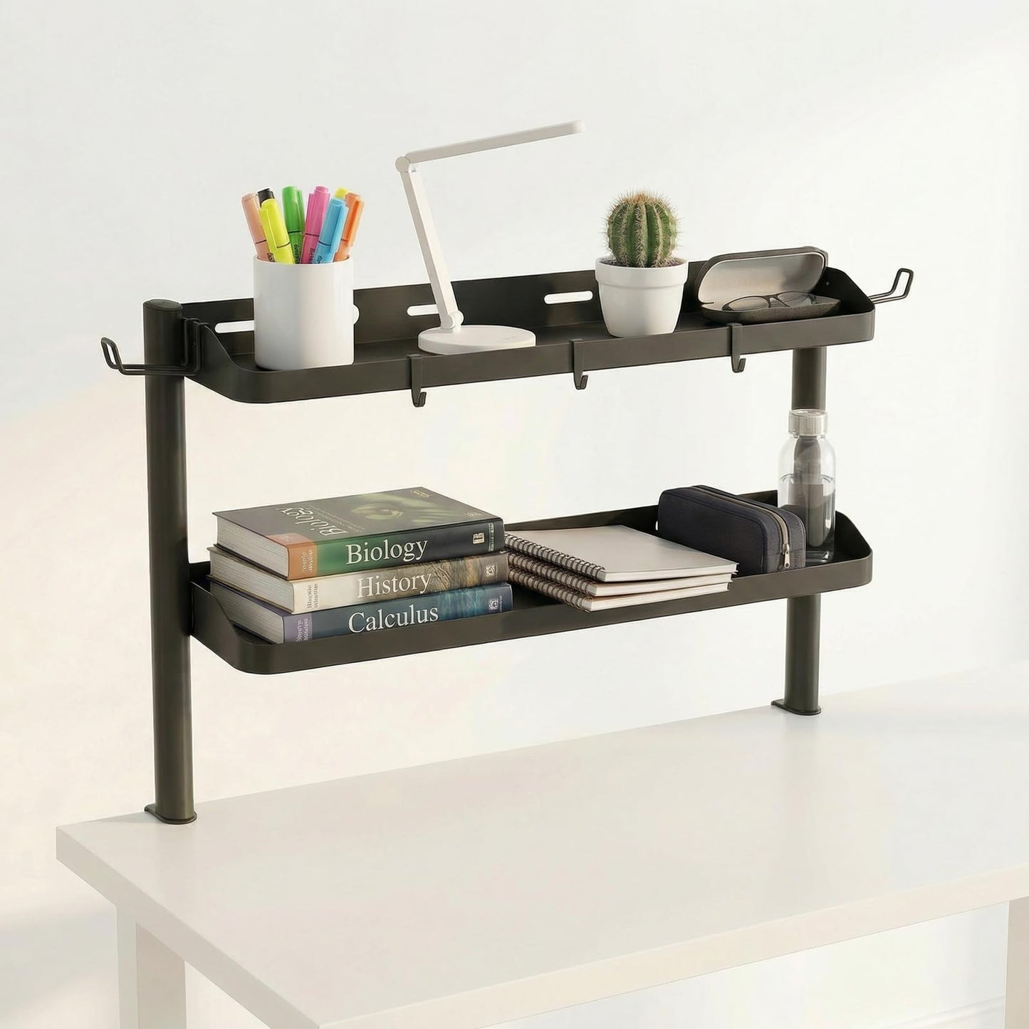DEARPER Clamp on Desk Shelf, 24in 2-Tier Office Desk Shelves Organizer, Shelf for Top of Desk with Headphone Holder and Hooks, Desktop Storage Rack for Home Workspace, Study Rooms, Gaming Accessories