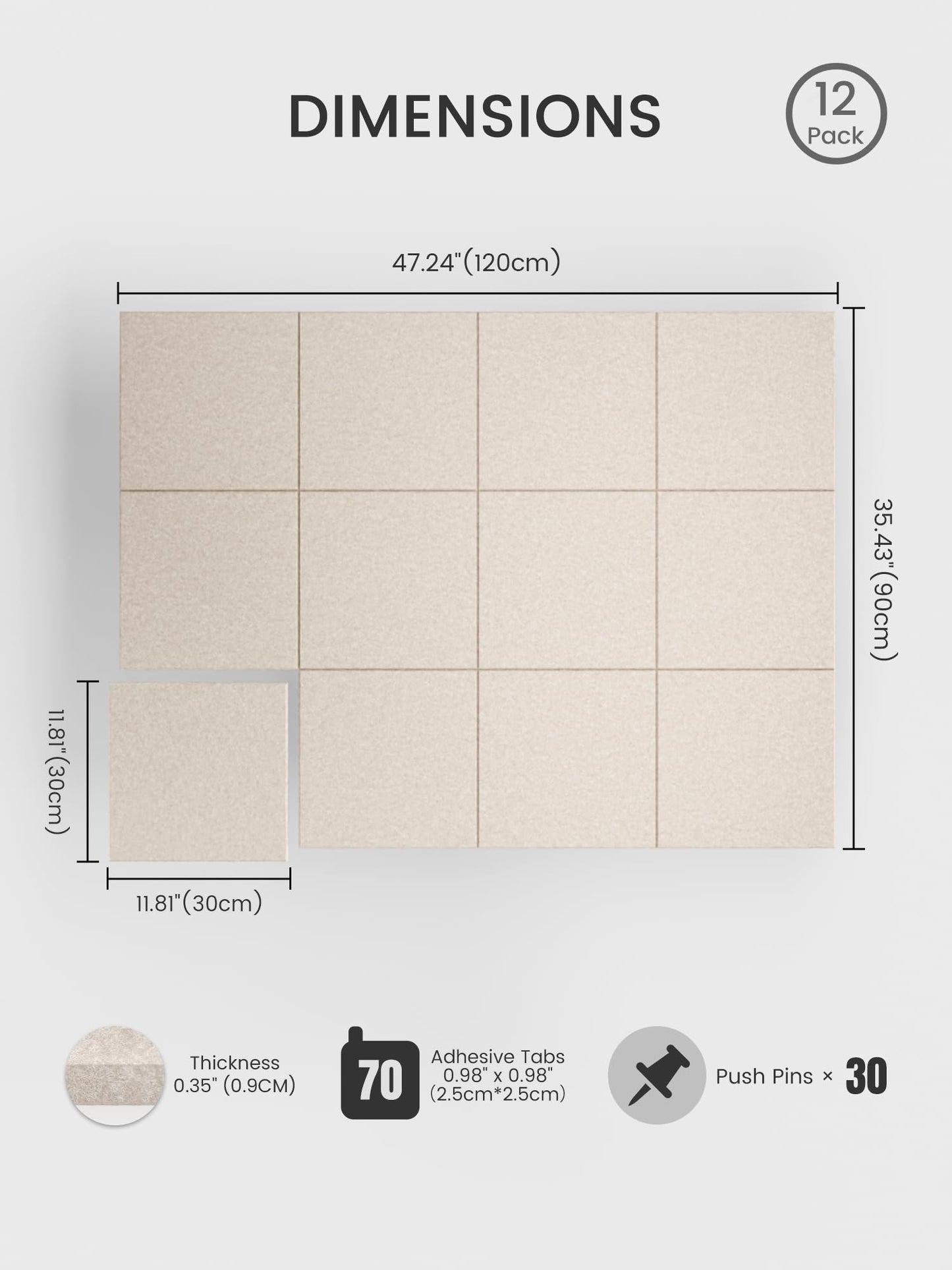 Bumusty Large Cork Board 48" x 36" Alternative - 12 Pack Felt Wall Tiles with 70 Safe Removable Adhesive Tabs, 30 Pushpins, Cork Boards for Walls Pin Board Bulletin Board Office Decor (Oatmeal)