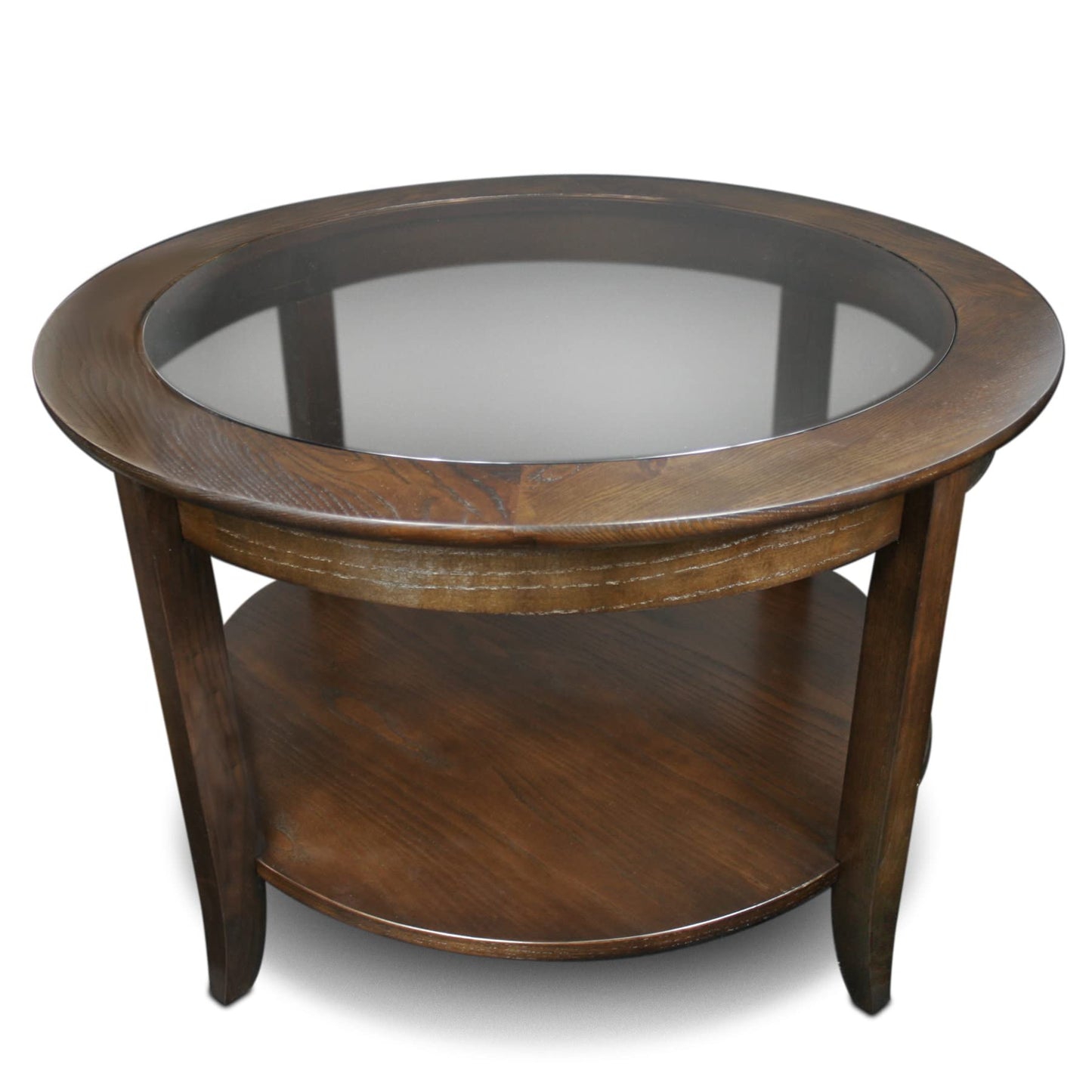 Leick Home Sheldon Coffee Table, Solid Wood, Round, with Glass Top and Shelf, Chocolate Oak, 10037
