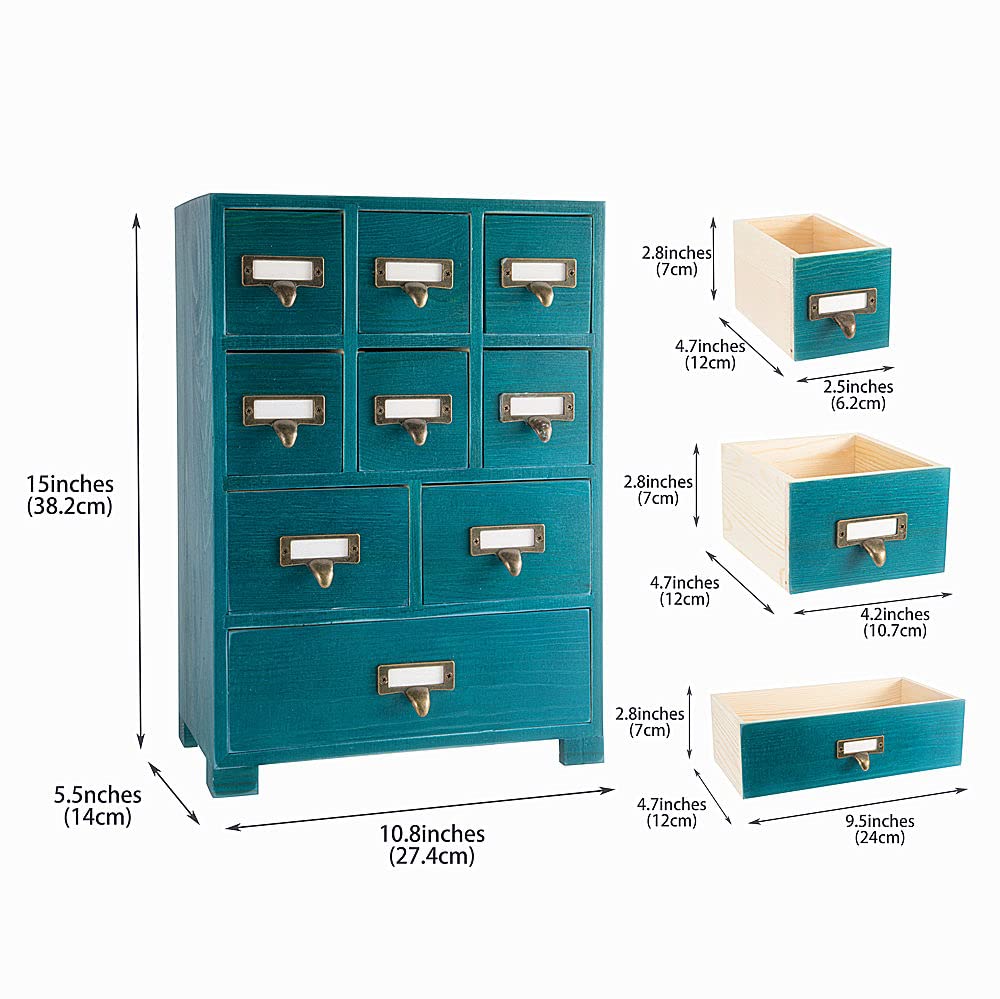 PACKGILO Apothecary Cabinet with 9 Drawers & Labels Rustic Library Card Catalog Cabinet Desktop Wooden Storage Box for Organize Herbal、Tea Bag、Jewelry (Blue)