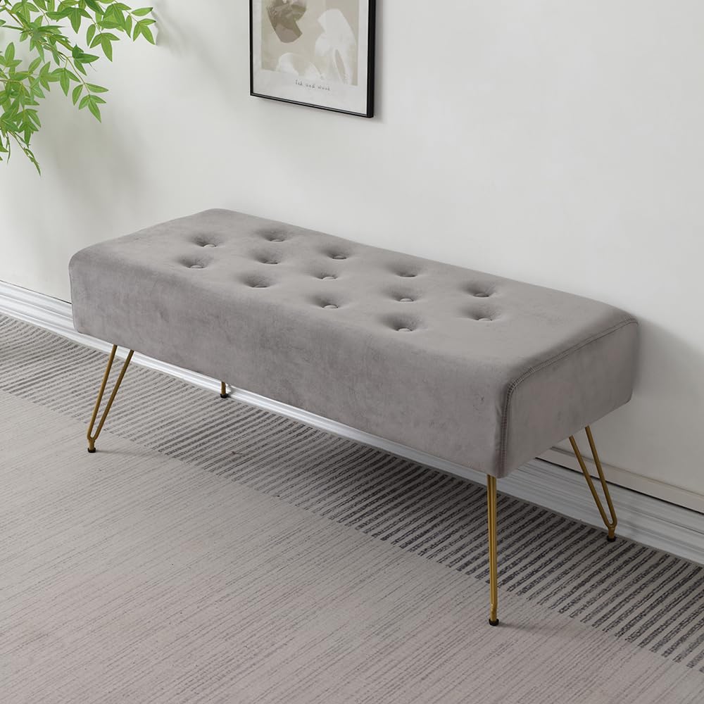 Velvet Button-Tufted Entryway Bench, 39.37" Modern Upholstered Bedroom Bench with Gold Metal Legs, Padded Rectangular End of Bed Bench for Living Room, Dining Room (Grey)