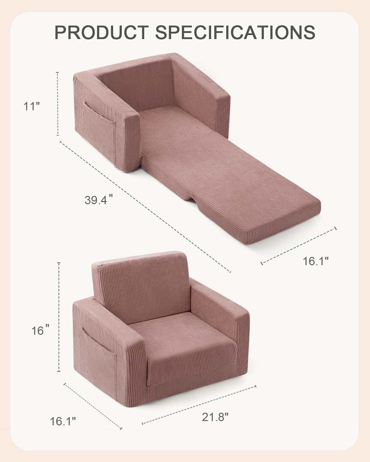 Jouha Kids Chair and Couch, 2-in-1 Fold-Out Kids Sofa, Soft Convertible Seating, Comfy Kids Chair for Boys and Girls,Pink