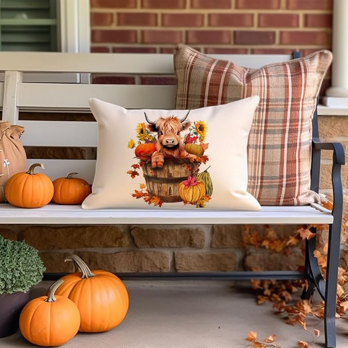 RABUSOFA Fall Decor Pillow Covers 12x20 Inch Lumbar Highland Cow Autumn Fall