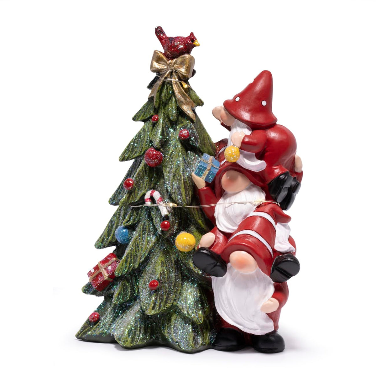 Hodao Christmas Tree Figurine Decorations — Lighted Hand-Painted Resin Gnomes Climbing with Cardinal, Tabletop Decor for Family or Friends | Mantel, Shelf, Living Room Display