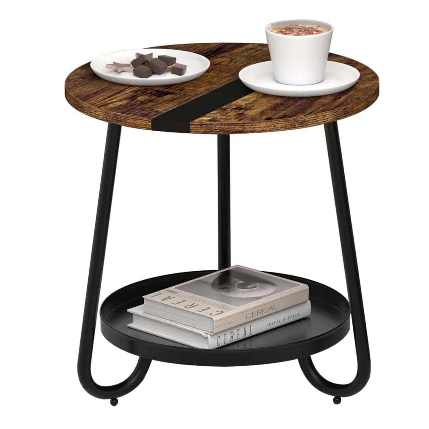MOFAIN 2 Tier Coffee Table in Living Room, Industrial Style Round Coffee Table with Metal Tray, Wood Small Outdoor Coffee Table for Bedroom Balcony Patio, Rustic Brown