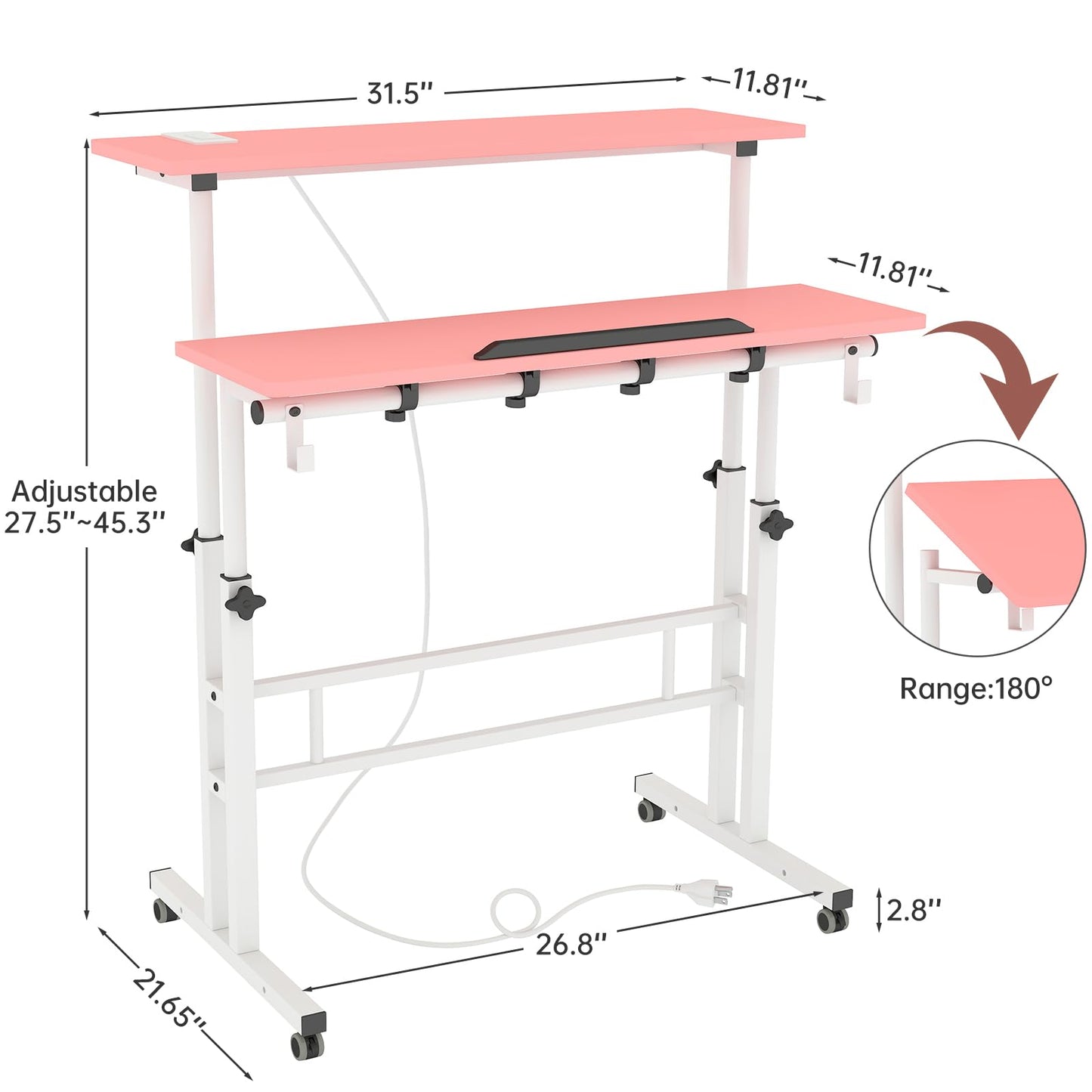 SIDUCAL Mobile Stand Up Desk with USB Ports and Outlets, Adjustable Laptop Desk on Wheels, Home Office Workstation, Rolling Laptop Cart for Standing or Sitting, 31.5" x 23.6"Pink