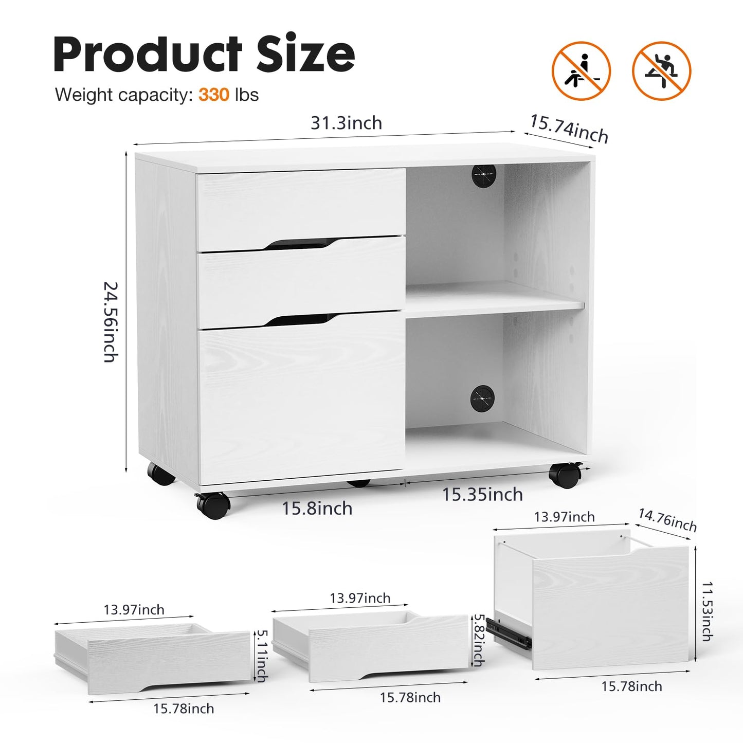 UOCFYK File Cabinet with 3 Drawers, Mobile Lateral Filing Cabinet with Open Storage Shelves for Home Office Under Desk Storage, White