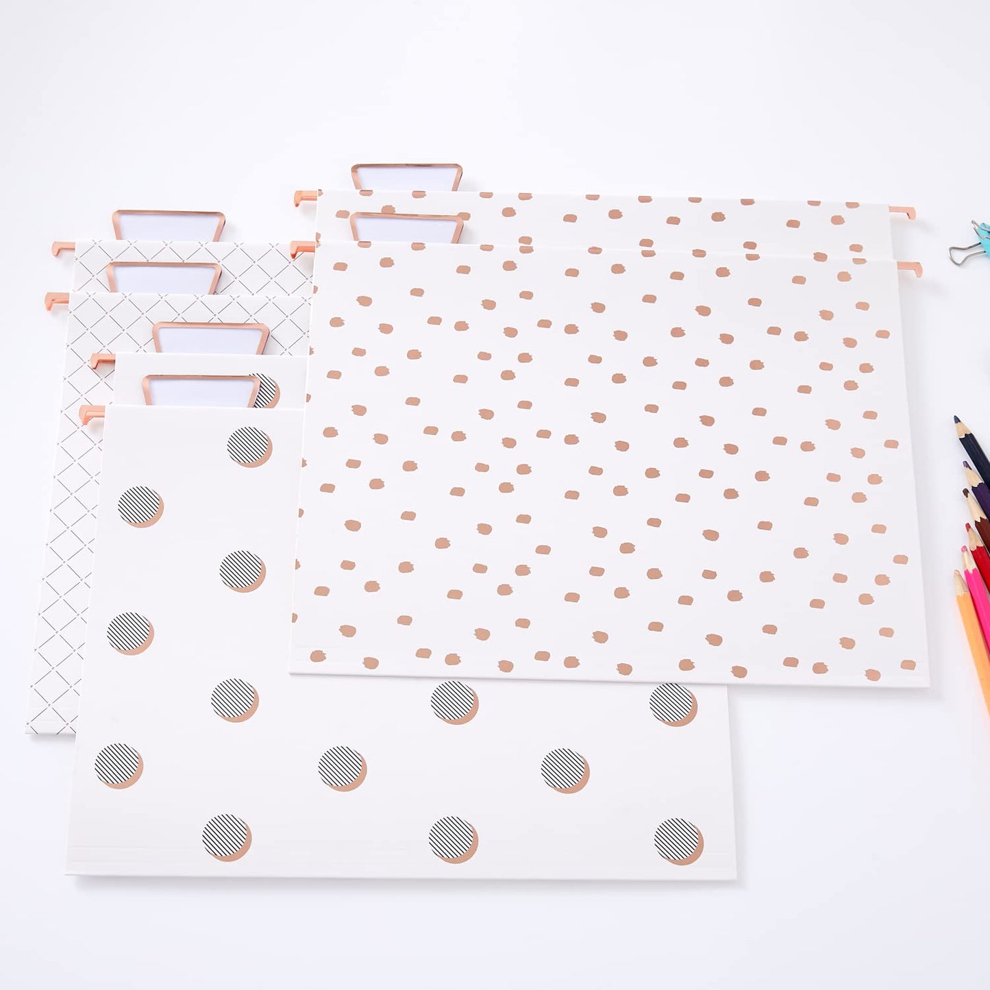 Y YOMA Rose Gold Hanging File Folders, Letter Size, 12 Pack Decorative Paper Hanging Folders with 1/5-Cut Adjustable Tabs, Desktop Filing Ideal for Home and Office Organization, 3 Design