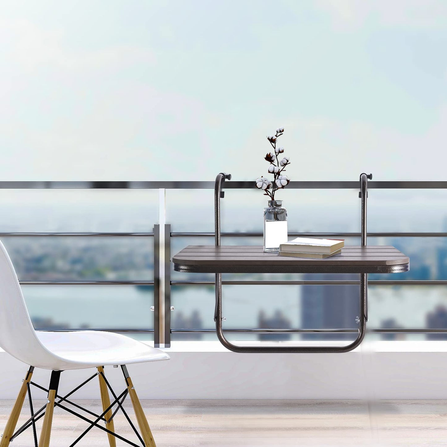 Patio Novagarden Balcony Railing Table Outdoor Hanging Folding Brown Aluminium Metal Side Table Adjustable 23.6"L x 15.7"W