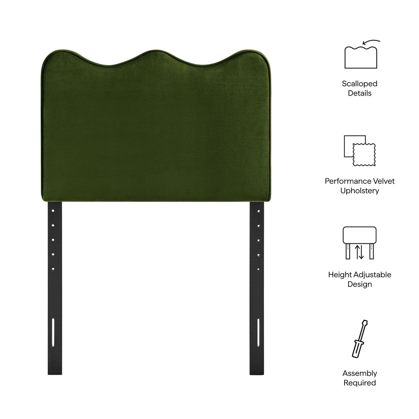 Monday Athena Twin Size Performance Velvet Adjustable Headboard in Moss Green - with Scalloped Wave Design and Stain-Resistant Velvet Upholstery