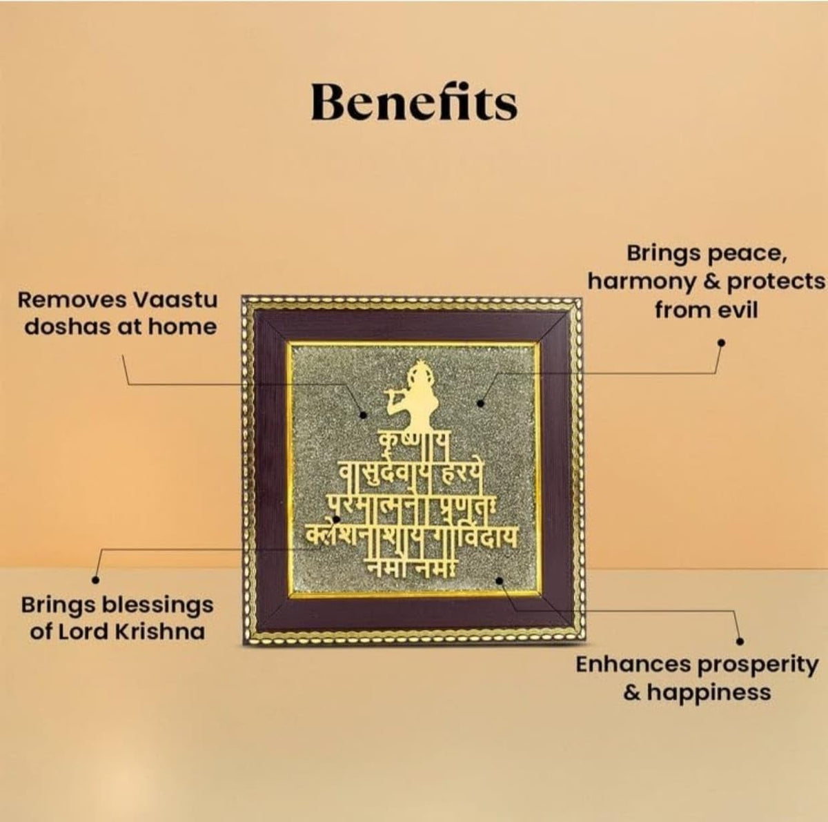 Pyrite Krishna Mantra Dust Plate Frame for Wealth, Success and Abundance Wall Decor Items for Living Room Wooden Photo Frame with Original Peru Pyrite Dust for Money Success (Krishnavasu) 19 cm
