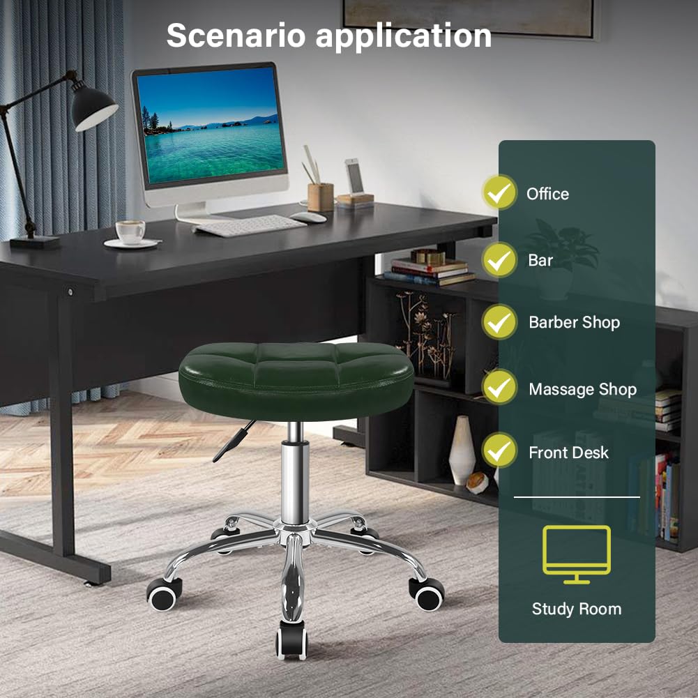 BFTOU 6-Square Lattice PU Swivel Stool with Wheel for Work SPA Shop Massage Height-Adjustable and Cost-Effective Rolling Stool Chair (Green)
