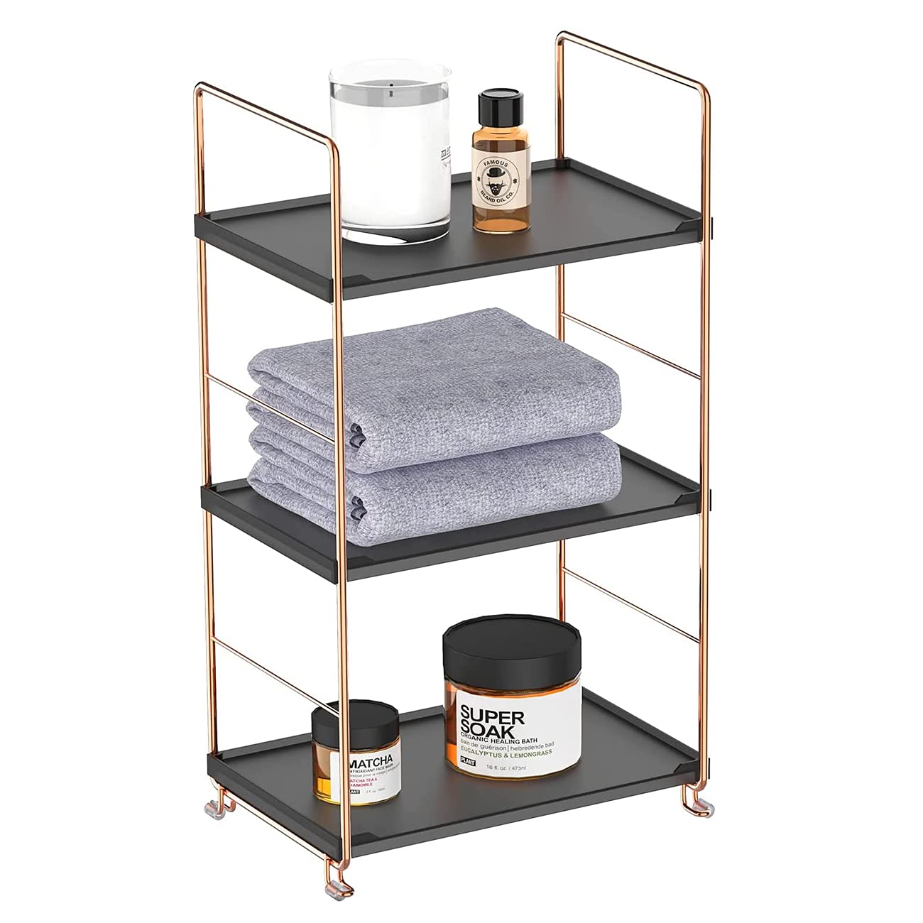 Plastic/Metal Freestanding Stackable Organizer Shelf,Bathroom Countertop Storage Shelf Cosmetic Organizer Holder Kitchen Spice Rack,3-Tier Standing Rack (Rose Gold@Black)