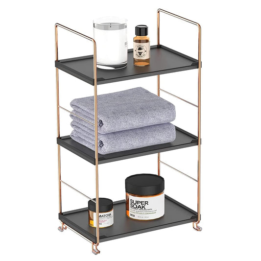 Plastic/Metal Freestanding Stackable Organizer Shelf,Bathroom Countertop Storage Shelf Cosmetic Organizer Holder Kitchen Spice Rack,3-Tier Standing Rack (Rose Gold@Black)