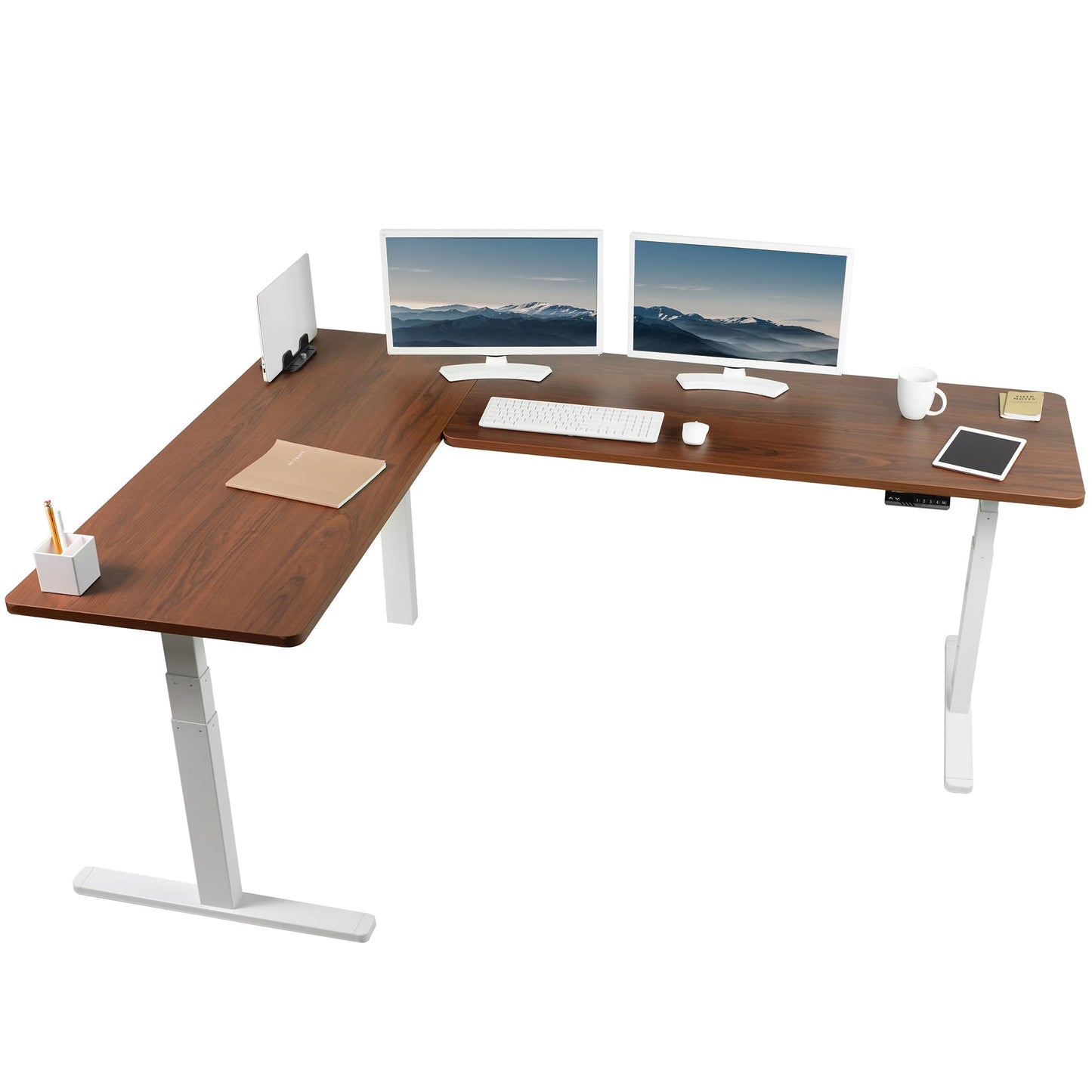 VIVO Electric Height Adjustable 83 x 60 inch Corner Stand Up Desk, 2 Dark Walnut Solid Table Tops, White Frame, Memory Controller, L-Shaped Workstation, 3E Series, DESK-KIT-3E8WD