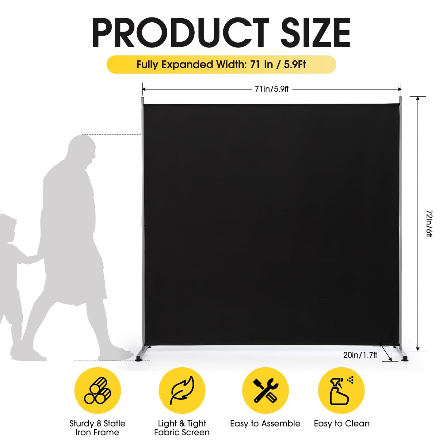 RANTILA Single Large Panel Room Divider, Privacy Screen for Office, Partition Separators, Freestanding Divider 71''W x 71''H, Black