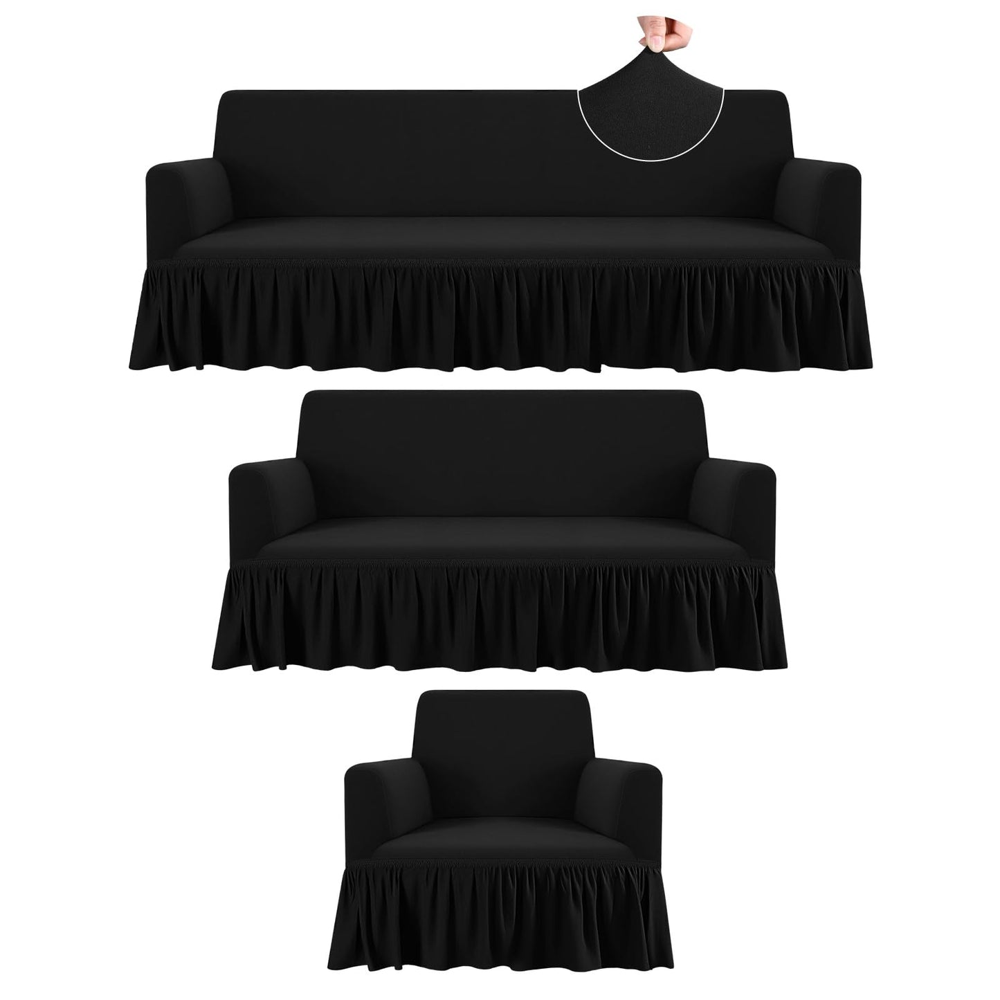 Fanfanwin 3 Pcs Sofa Slipcover Set for Couch Cushion Durable Washable High Elastic Stretchable Furniture Couch Covers with Skirt for Sofa Loveseat Arm Chair(Black,Milk Silk)