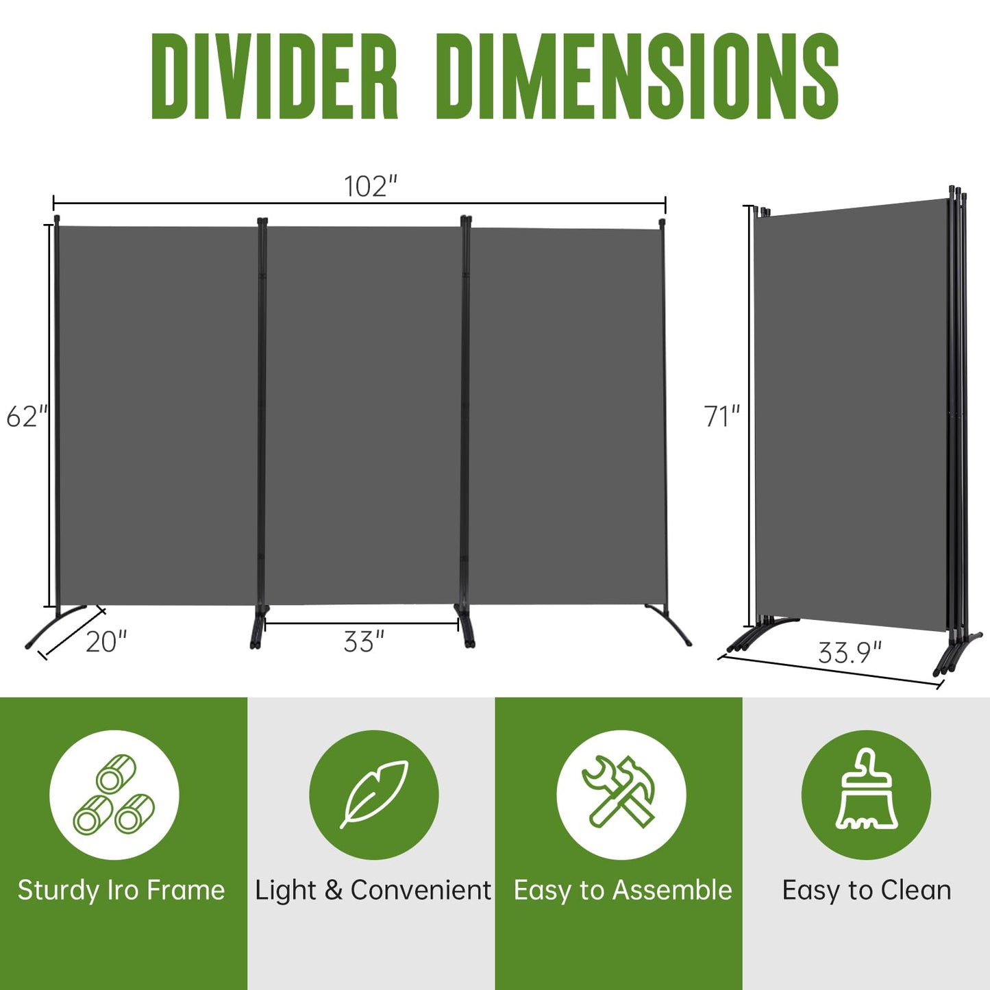 JVVMNJLK Indoor Room Divider, Portable Office Divider, Room Divider Wall Screen 3 Panel, Folding Partition Privacy Screen Walls Dividers for Room Separator 102" W x 71.3" H, Grey
