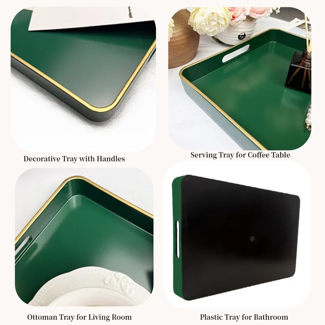 UOEKCS Rectangular Decorative Tray, Plastic Serving Trays with Handles, Coffee Table Tray for Ottoman, Living Room, Kitchen, Home Decor 15.7” x 10.2” x1.37”(Green)