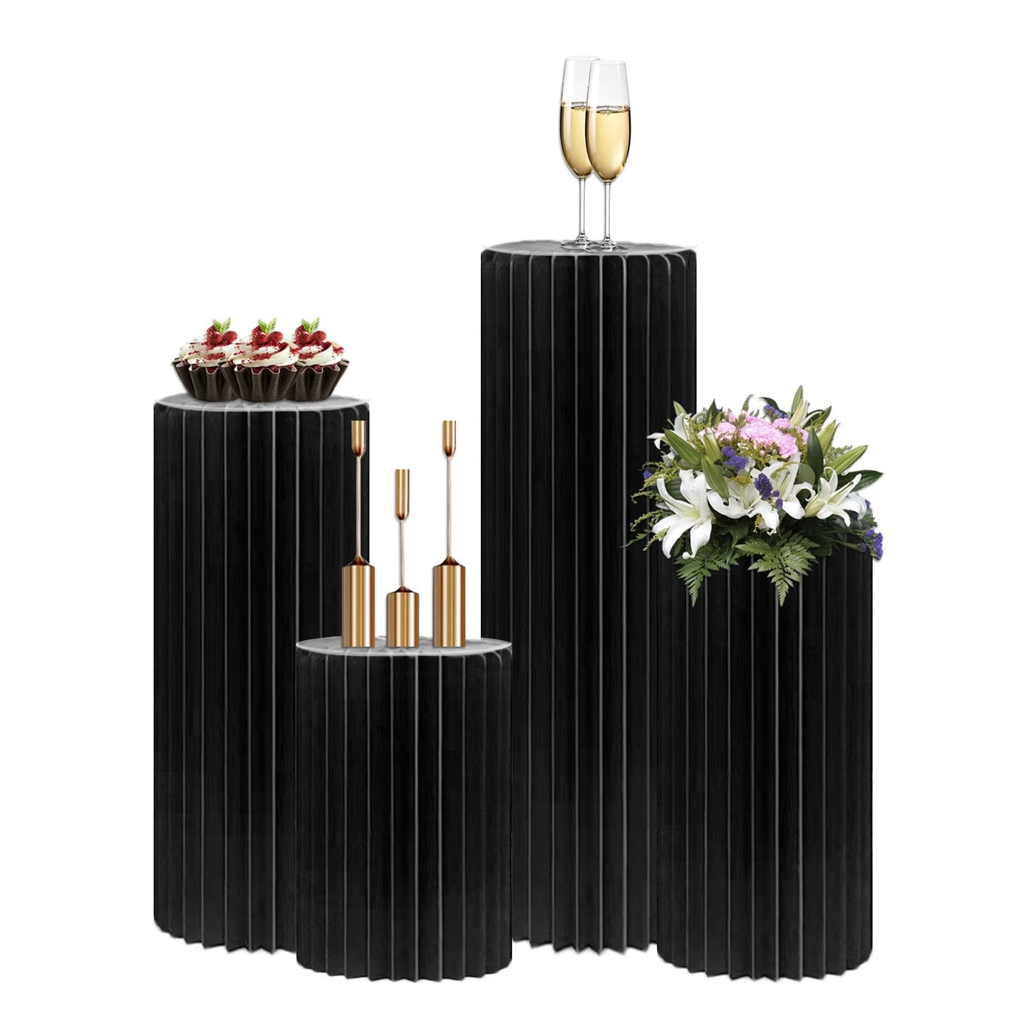 OYKSHDF 4Pack Cylinder Stands for Party, Foldable Cardboard Columns with 4 Clear Round Top Plates, Cake Display Pedestal Stand for Wedding Banquet Vendor Events Decorative (Black)
