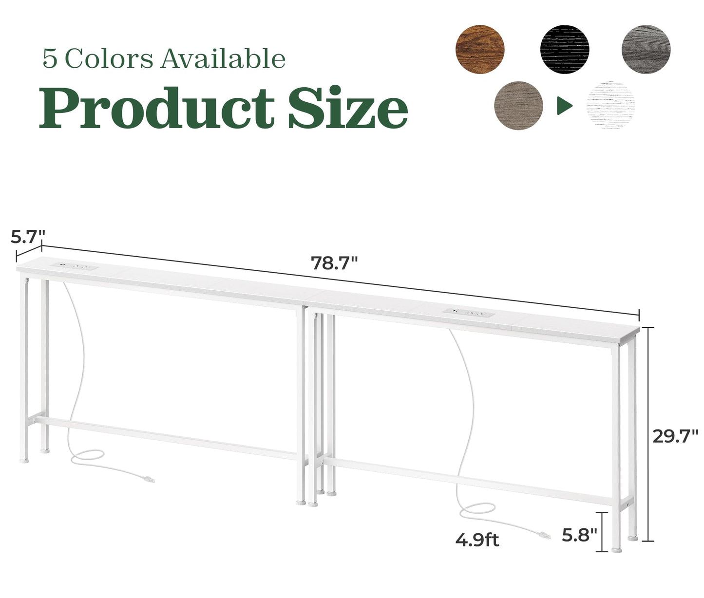 SUPERJARE 5.7 Inch Narrow Console Table with Outlet, Sofa Tables, Total Length 78.8'', Behind Couch Table, Long Entryway Tables with Charging Station, for Living Room, White