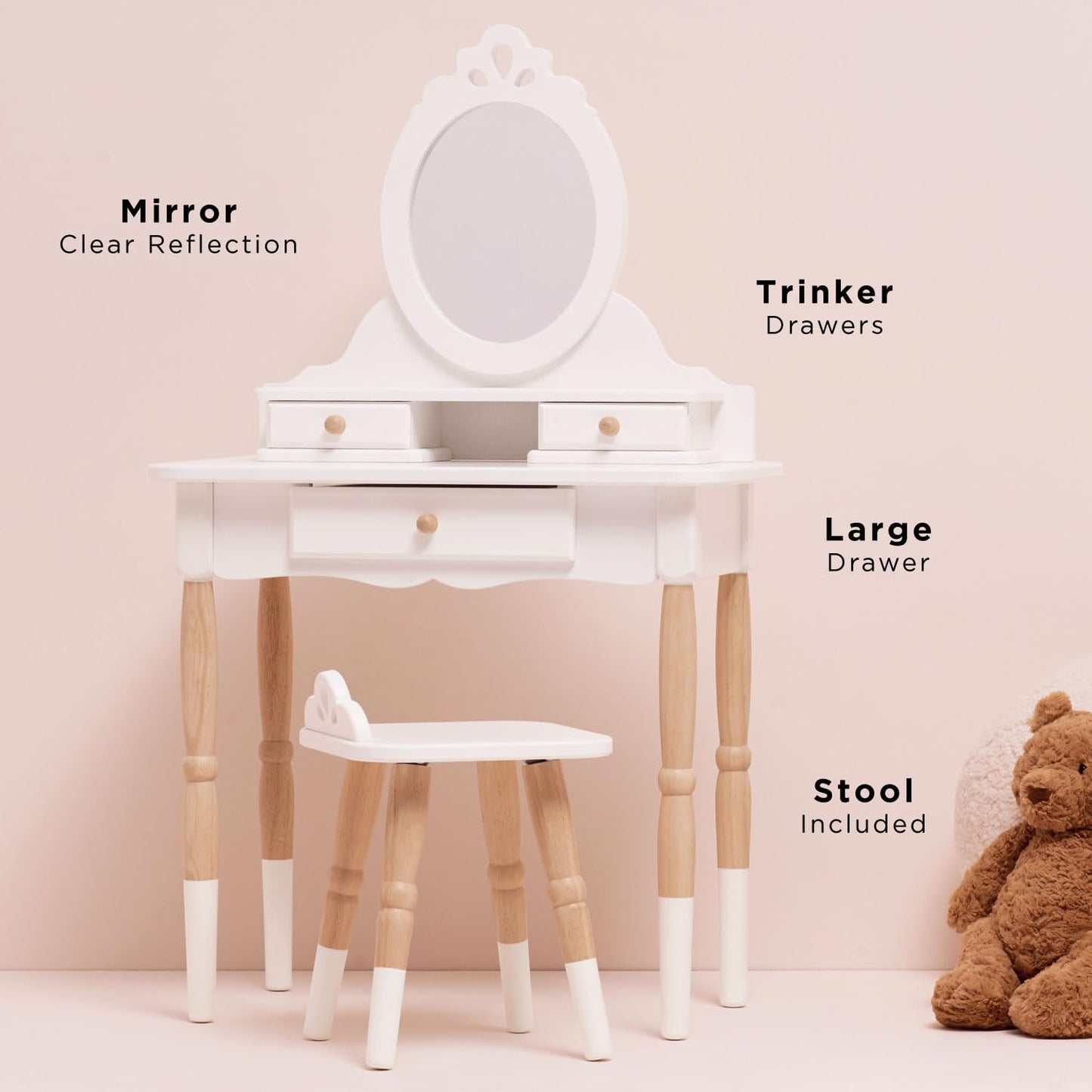 Le Toy Van - Wooden Vanity Table with Mirror and Chair - Bedroom Furniture - Victorian Style Oval Dressing Table - Desk with Drawers and Stool - Kids 3+
