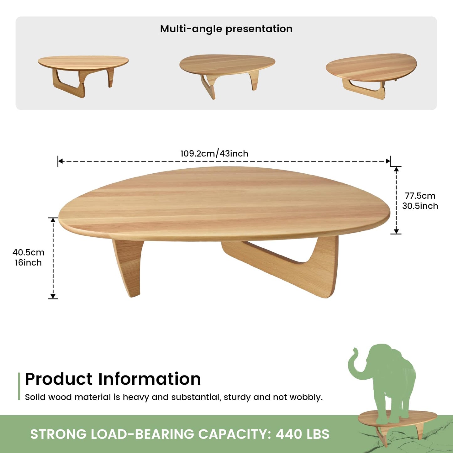 Modern Triangle Coffee Table: Unique Funky Soild Wood Coffee Tables for Living Room, Wooden Oval Mid-Century Modern Abstract Tea Tables for Patio Office Balcony Natural 43" L x 31" W x 16" H